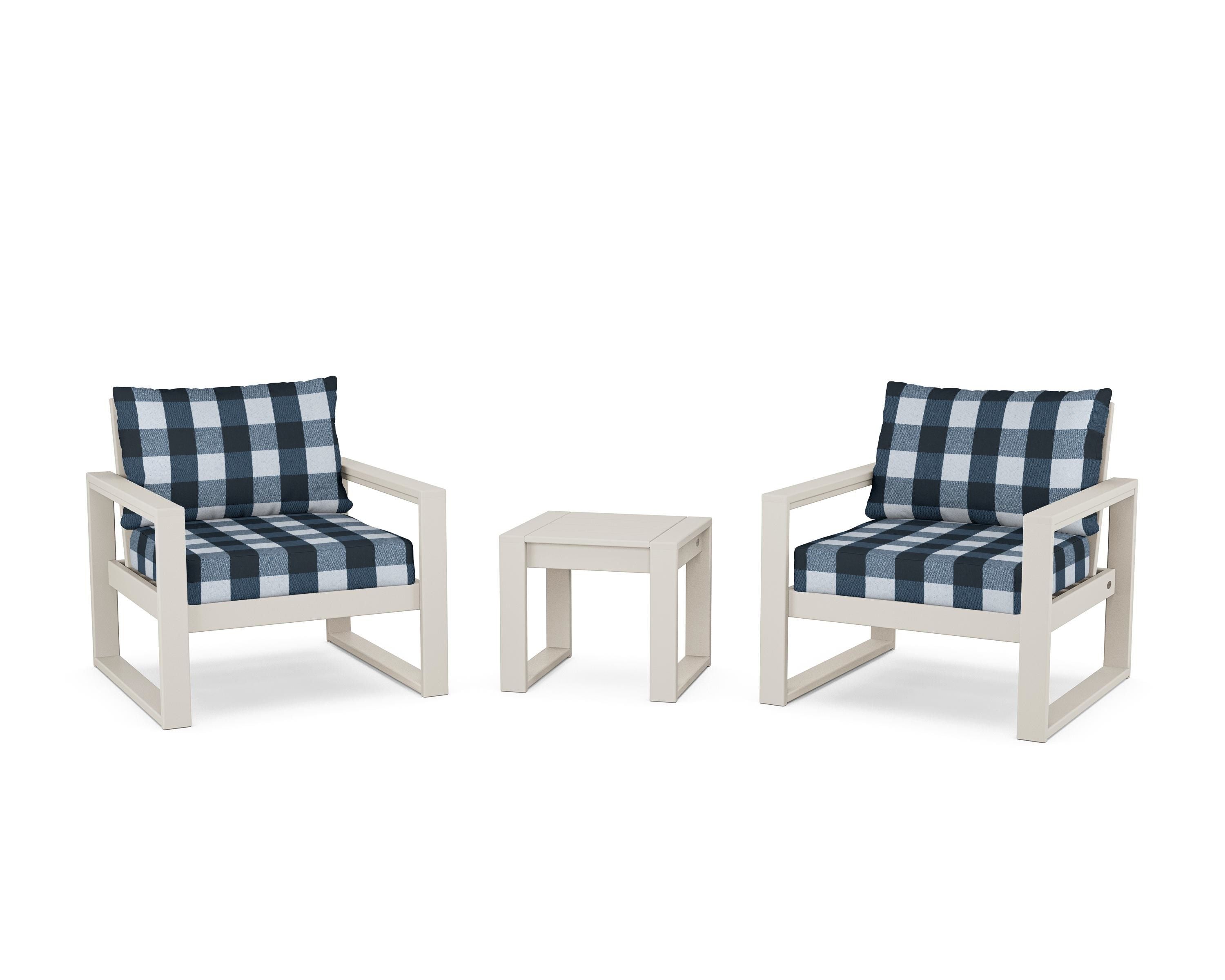 POLYWOOD® EDGE Sectional 3-Piece Deep Seating Set in Sand / Buffalo Plaid Marine Indigo