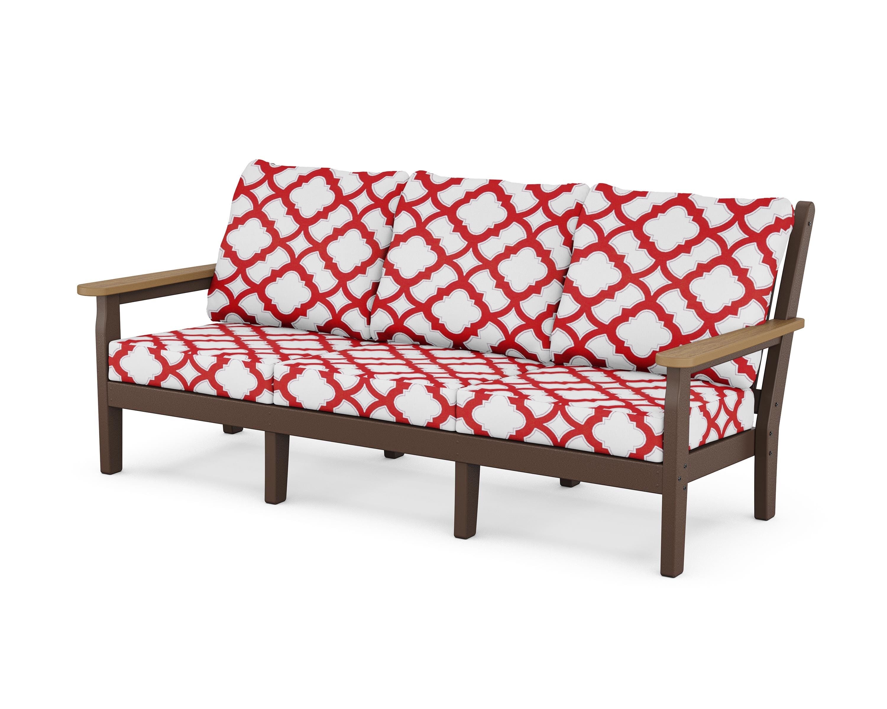 POLYWOOD® Chippendale Deep Seating Sofa in Mahogany / Natural / Trellis Crimson