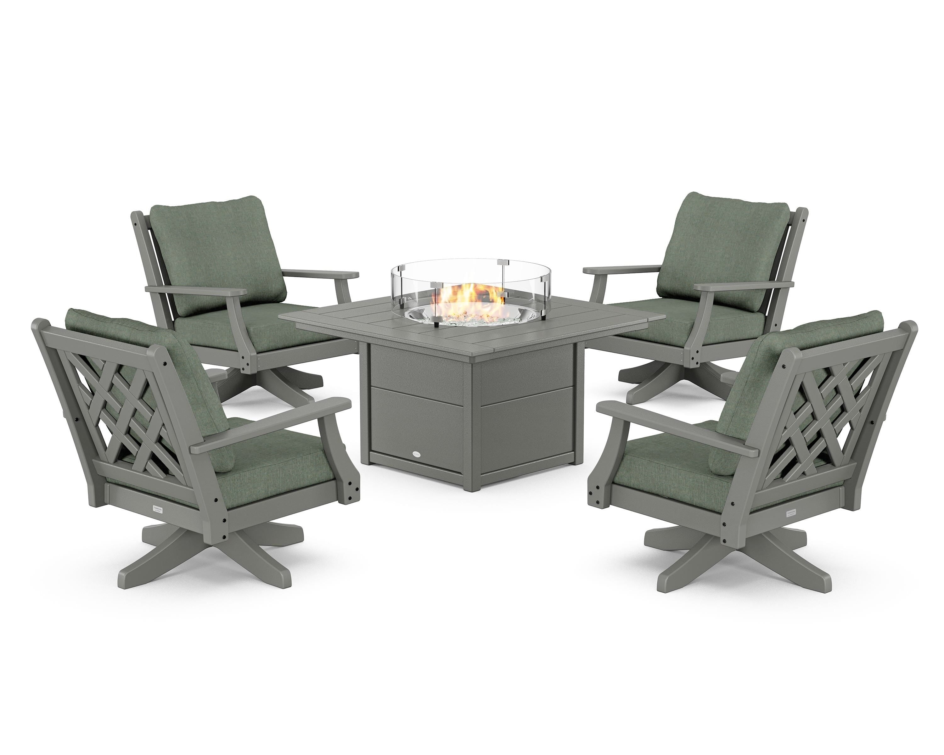 Country Living Wovendale 5-Piece Deep Seating Swivel Conversation Set with Fire Pit Table in Slate Grey / Cast Sage