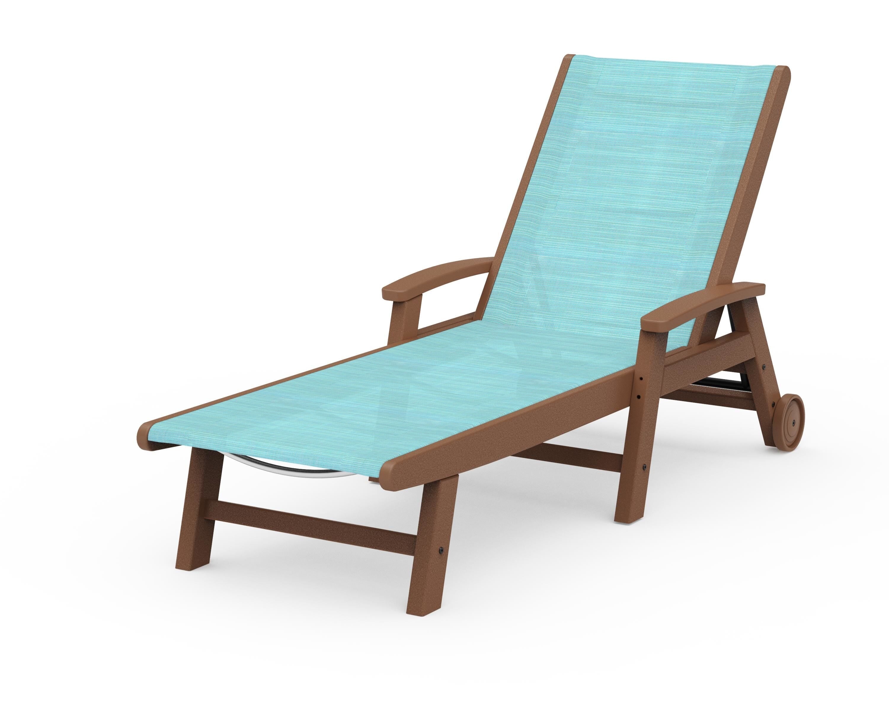 POLYWOOD® Coastal Chaise with Wheels in Teak / Dupioni Aquamarine Sling