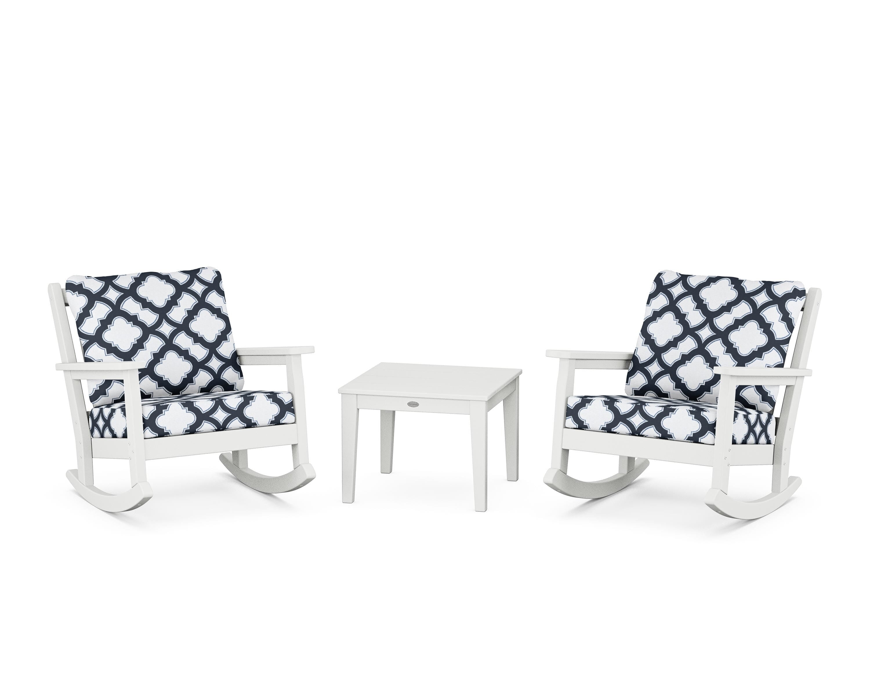 POLYWOOD® Chippendale 3-Piece Deep Seating Rocker Set in White / Trellis Marine Indigo