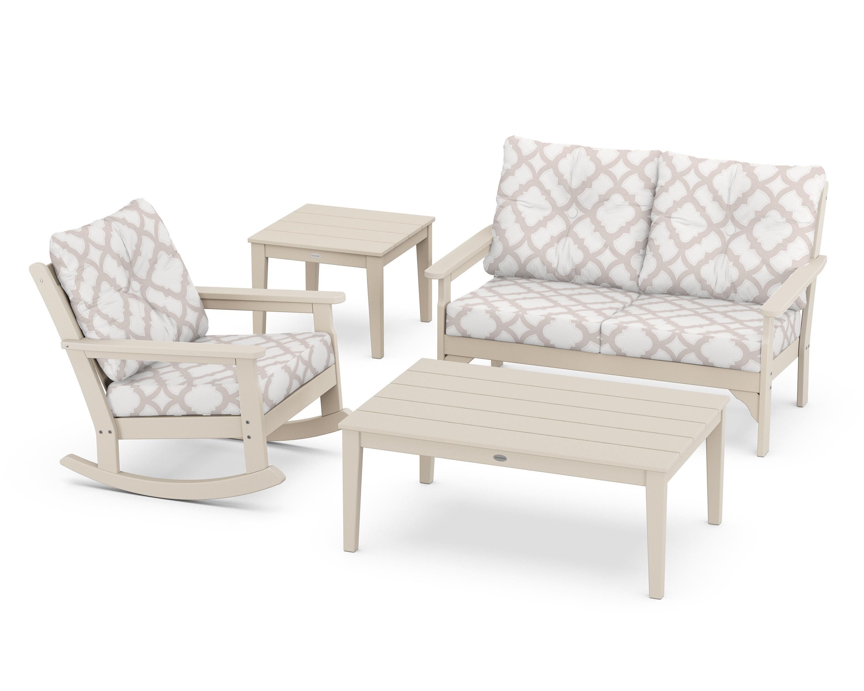 POLYWOOD® Vineyard 4-Piece Deep Seating Rocker Set in Sand / Trellis Dune Burlap