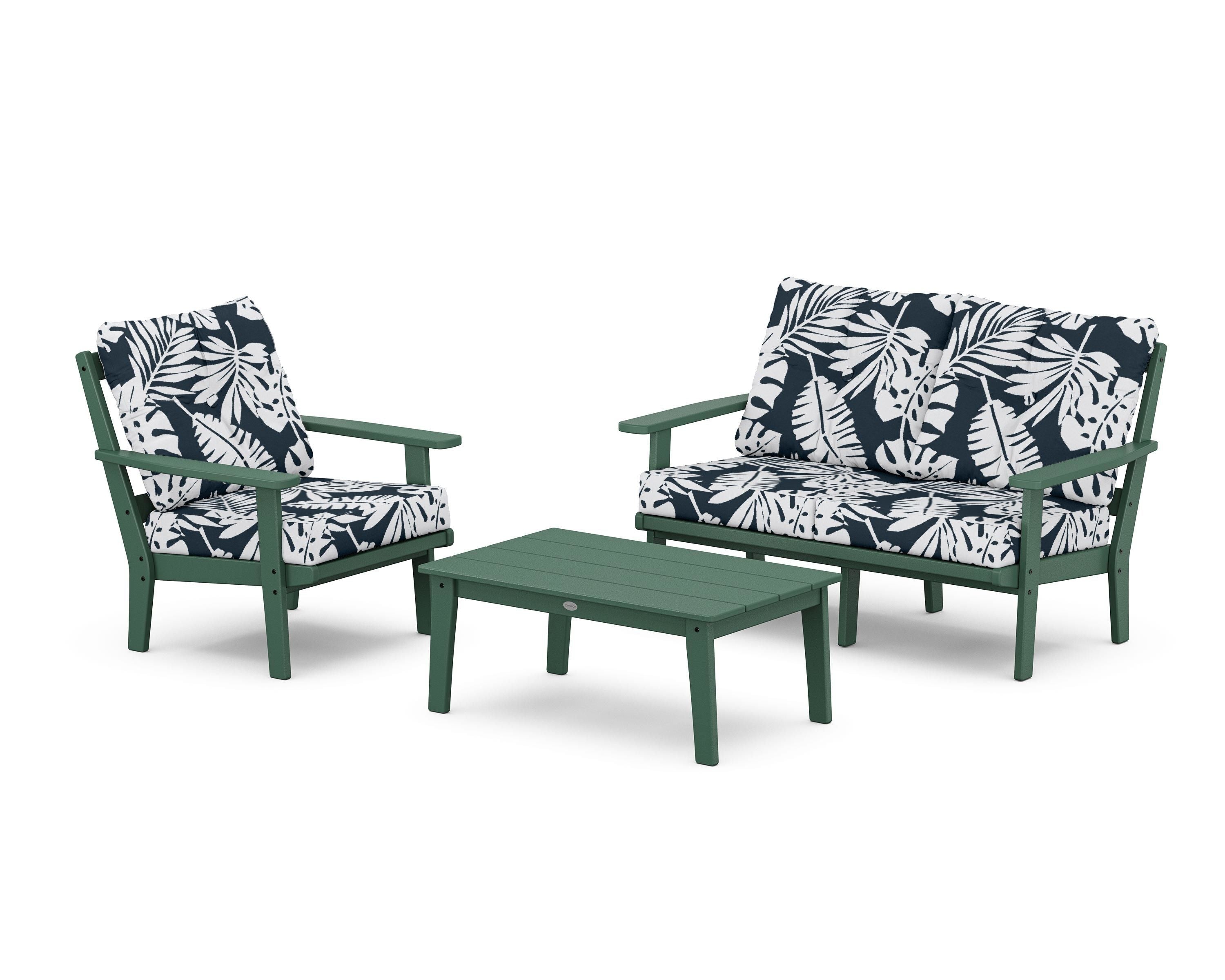 POLYWOOD® Prairie 3-Piece Deep Seating Set with Loveseat in Green / Leaf Marine Indigo