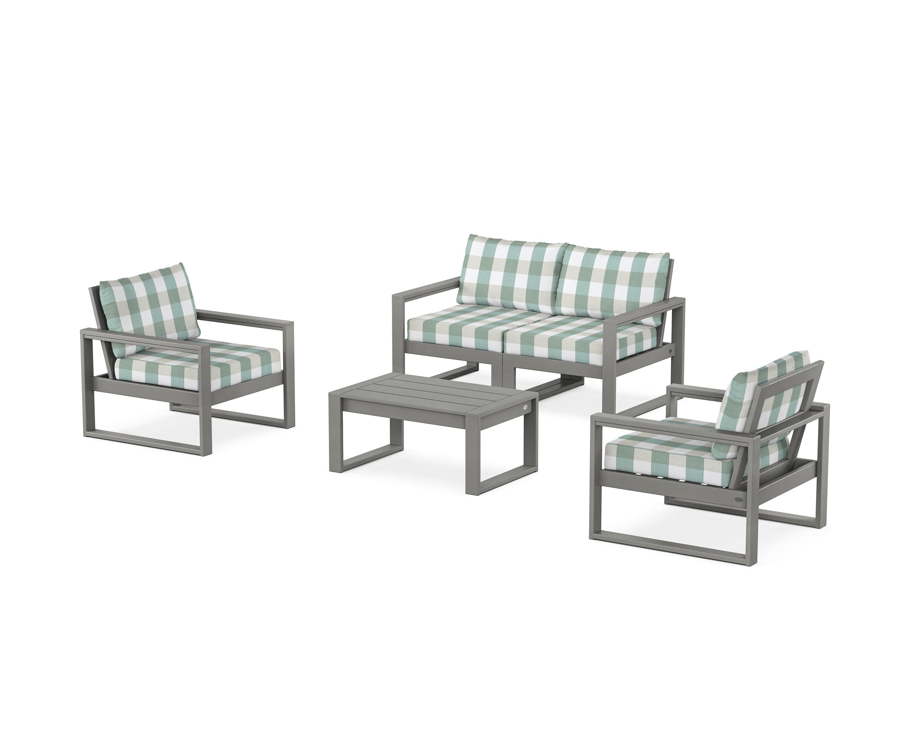 POLYWOOD® EDGE Sectional 4-Piece Deep Seating Set with Loveseat in Slate Grey / Buffalo Plaid Glacier Spa