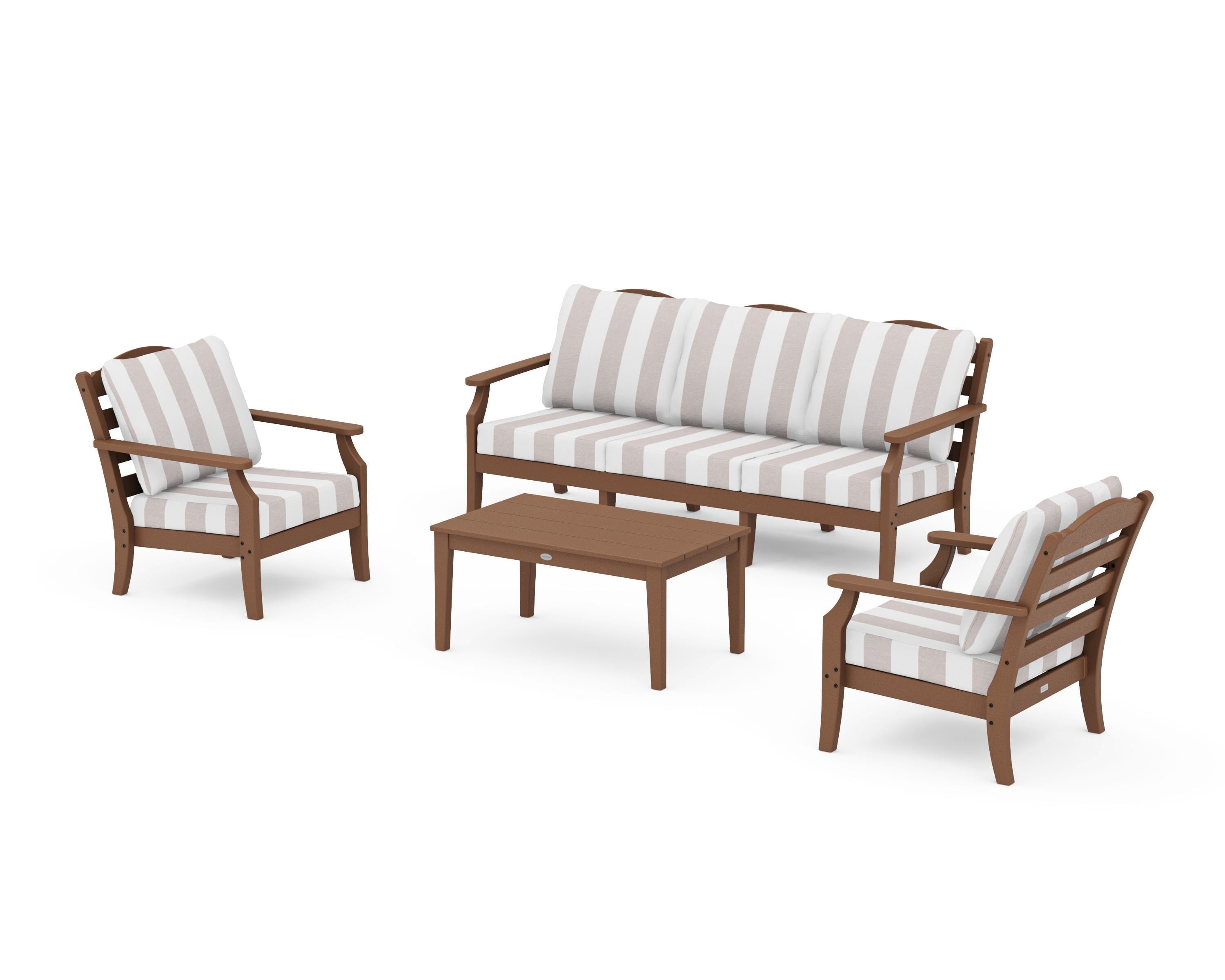 Draper James™ by POLYWOOD® Savannah 4-Piece Deep Seating Set with Sofa in Teak / Cabana Stripe Dune Burlap
