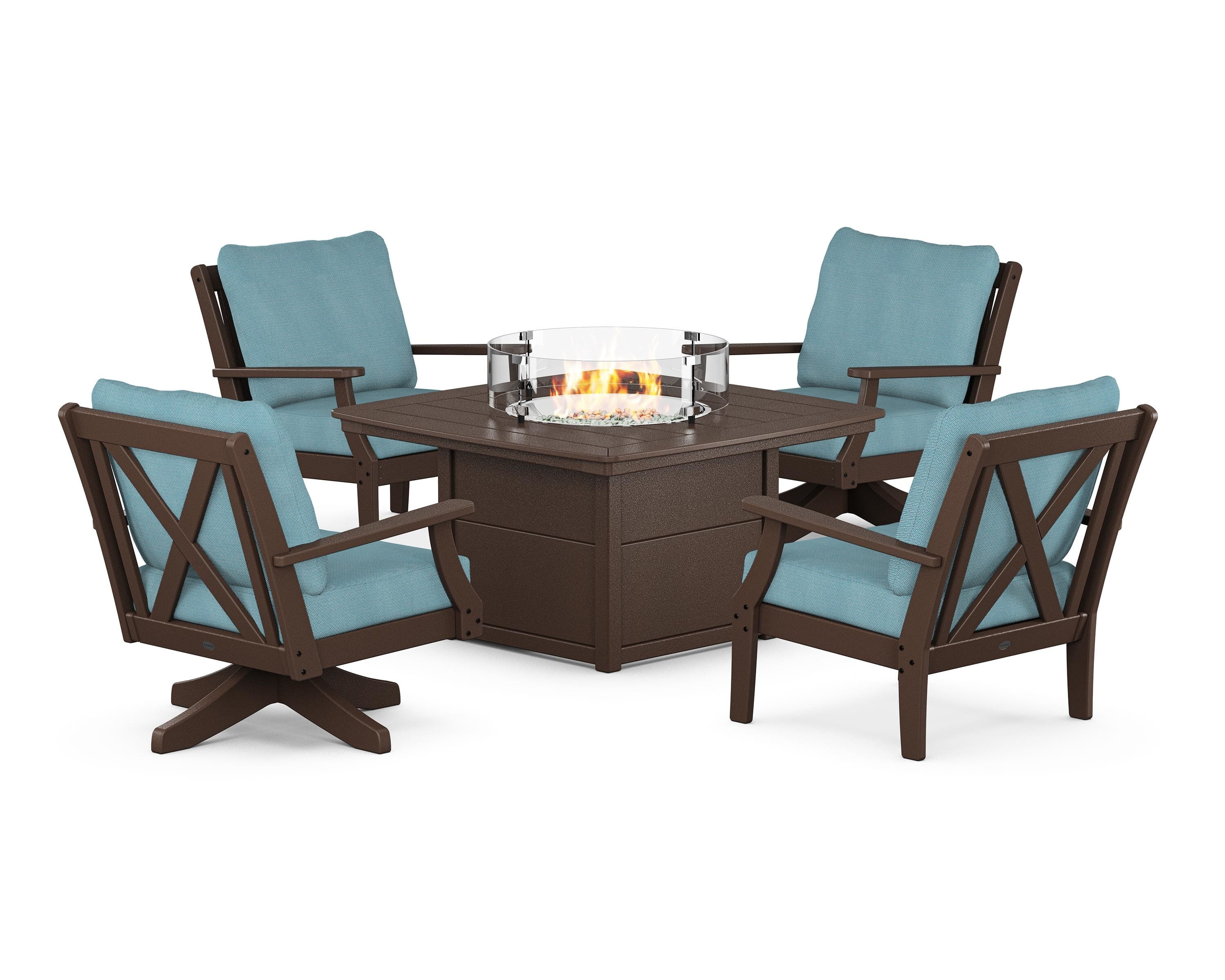 POLYWOOD® Braxton 5-Piece Deep Seating Set with Fire Table in Mahogany / Lattice Sky Blue