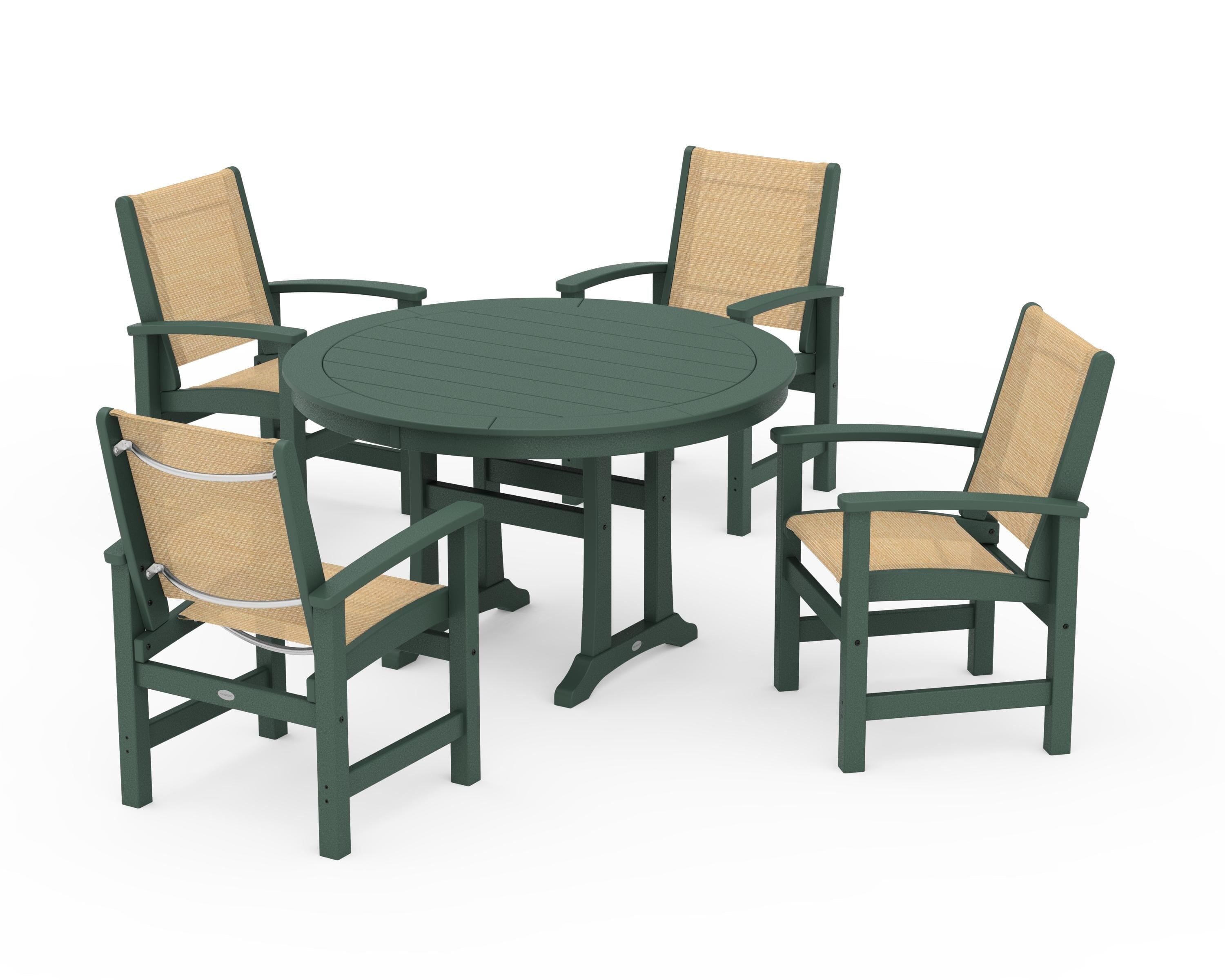 POLYWOOD® Coastal 5-Piece Round Dining Set with Trestle Legs in Green / Dupioni Apricot Sling