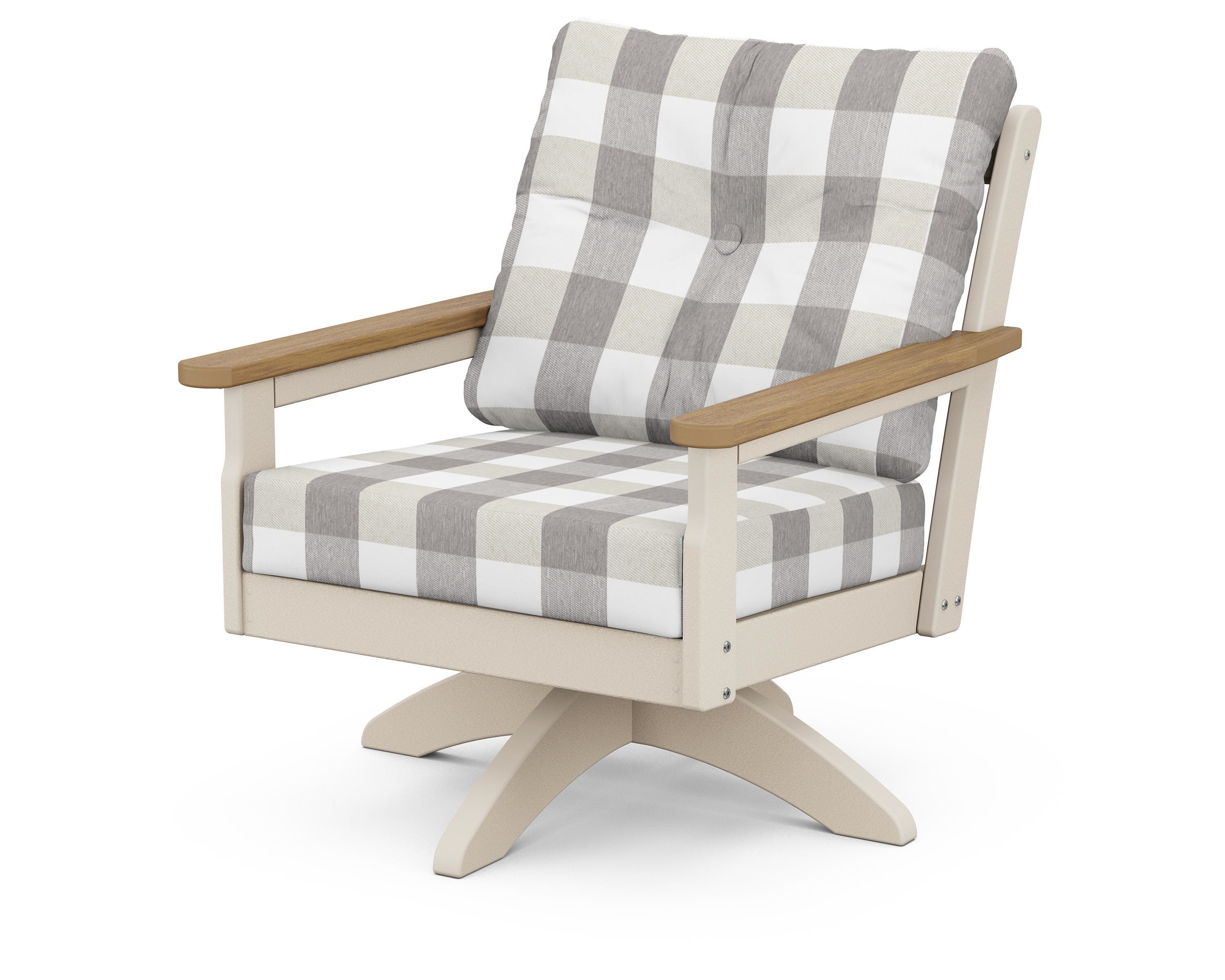POLYWOOD® Vineyard Deep Seating Swivel Chair in Sand / Natural / Buffalo Plaid Grey Mist