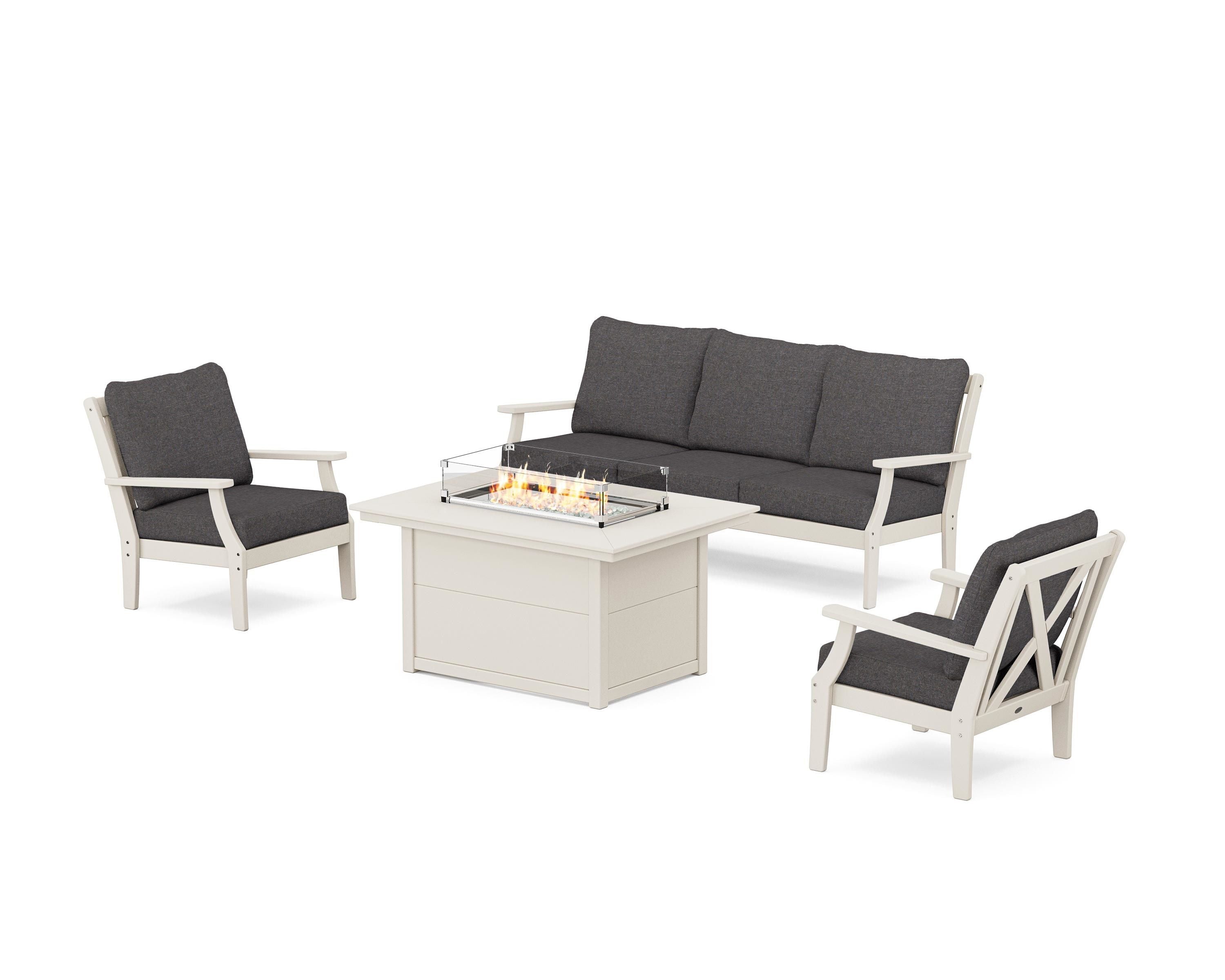 POLYWOOD® Braxton Deep Seating Fire Pit Table Set in Sand / Ash Charcoal