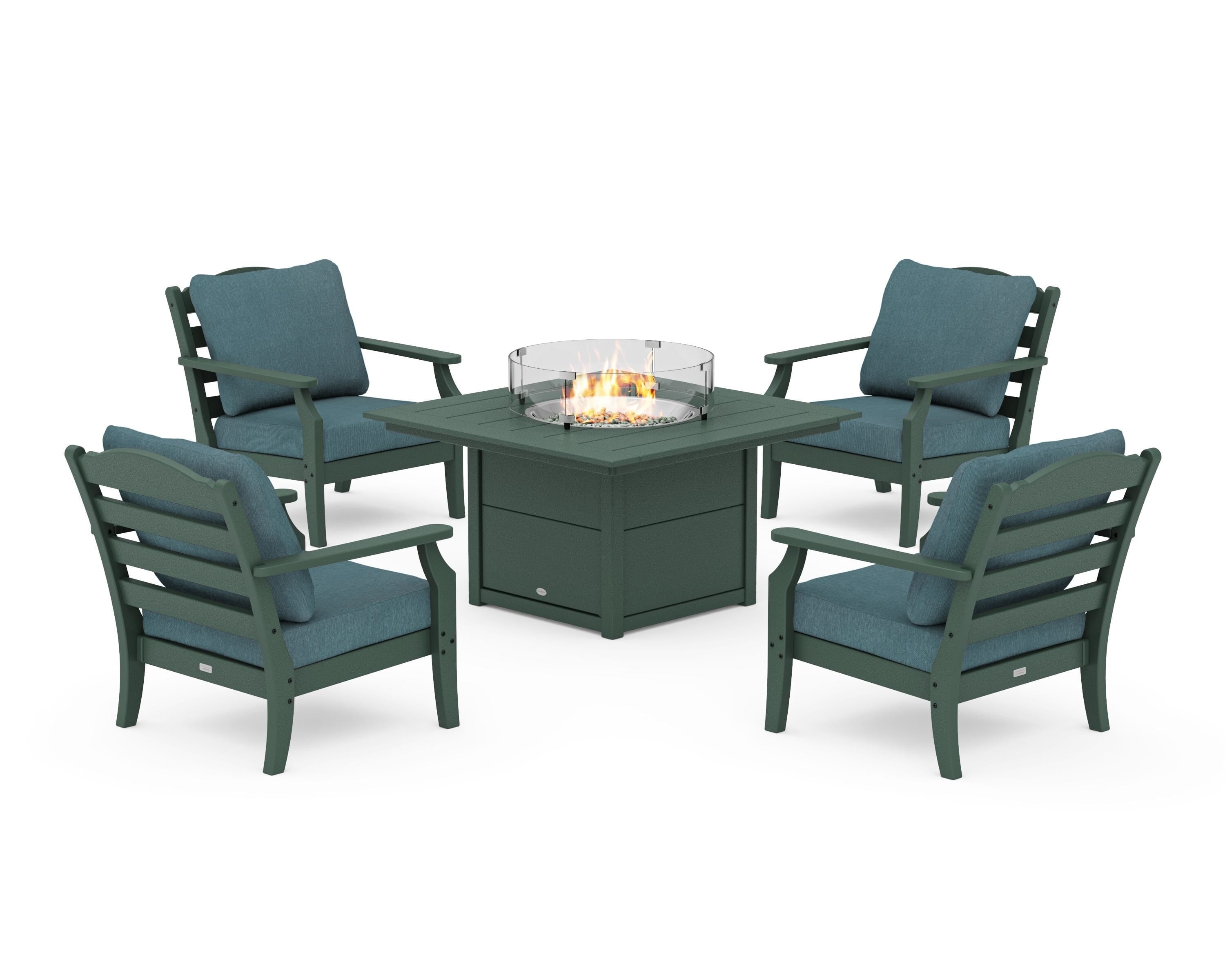 Draper James™ by POLYWOOD® Savannah 5-Piece Deep Seating Set with Fire Pit Table in Green / Ocean Teal
