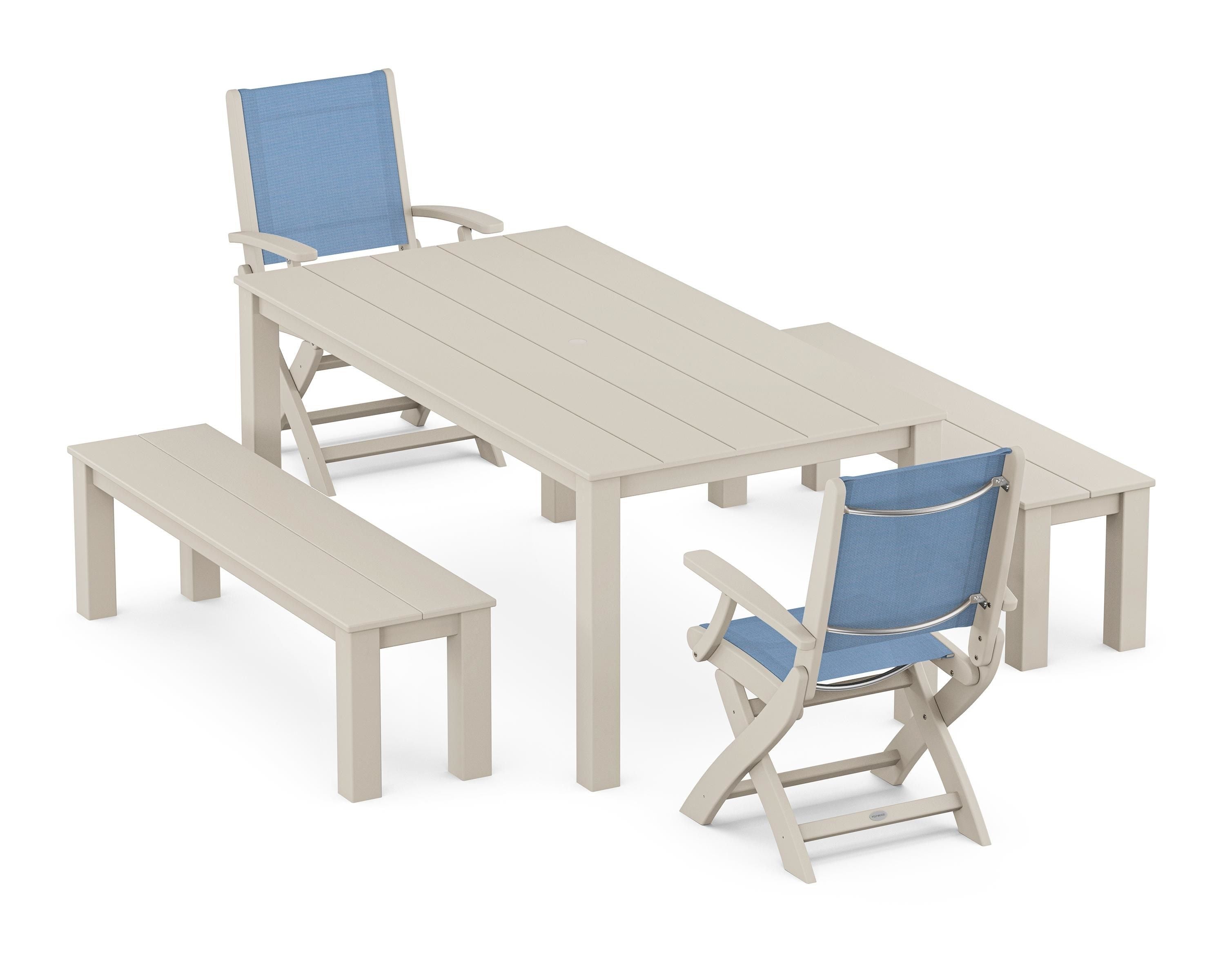 POLYWOOD® Coastal Folding Chair 5-Piece Parsons Dining Set with Benches in Sand / Poolside Sling