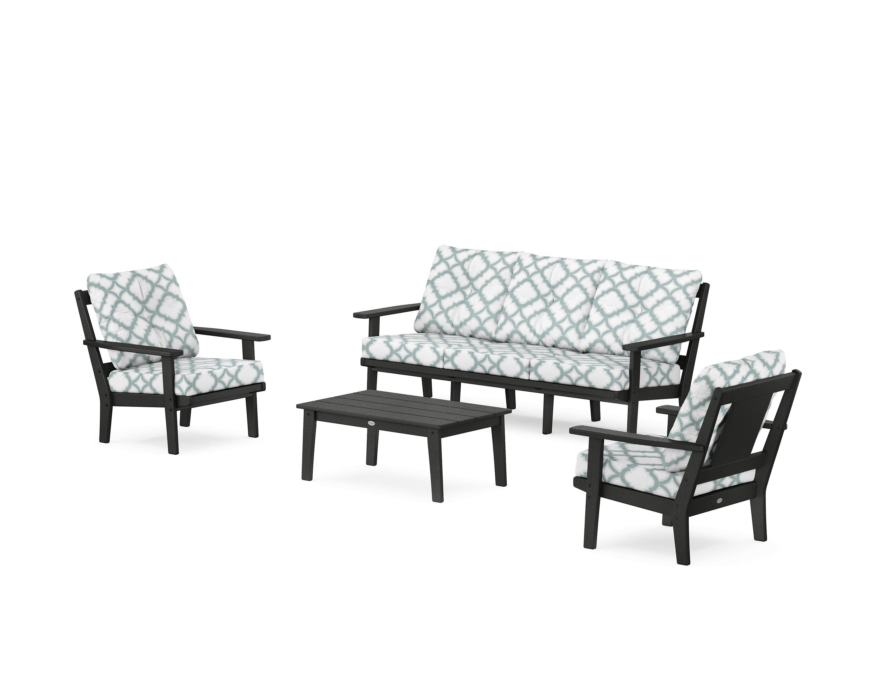 POLYWOOD® Prairie 4-Piece Deep Seating Set with Sofa in Black / Trellis Glacier Spa