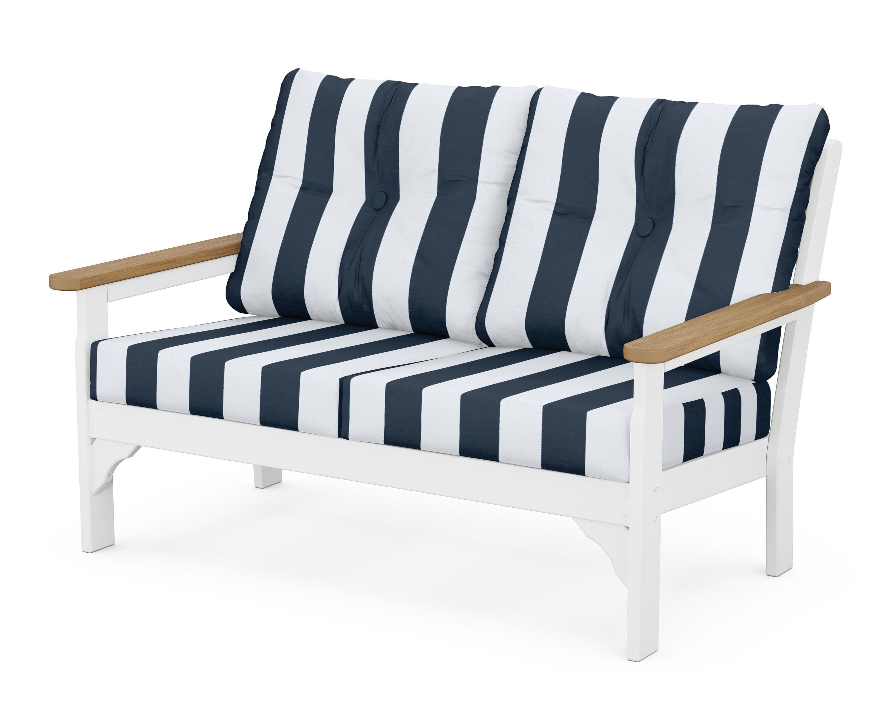 POLYWOOD® Vineyard Deep Seating Loveseat in White / Natural / Cabana Stripe Marine Indigo