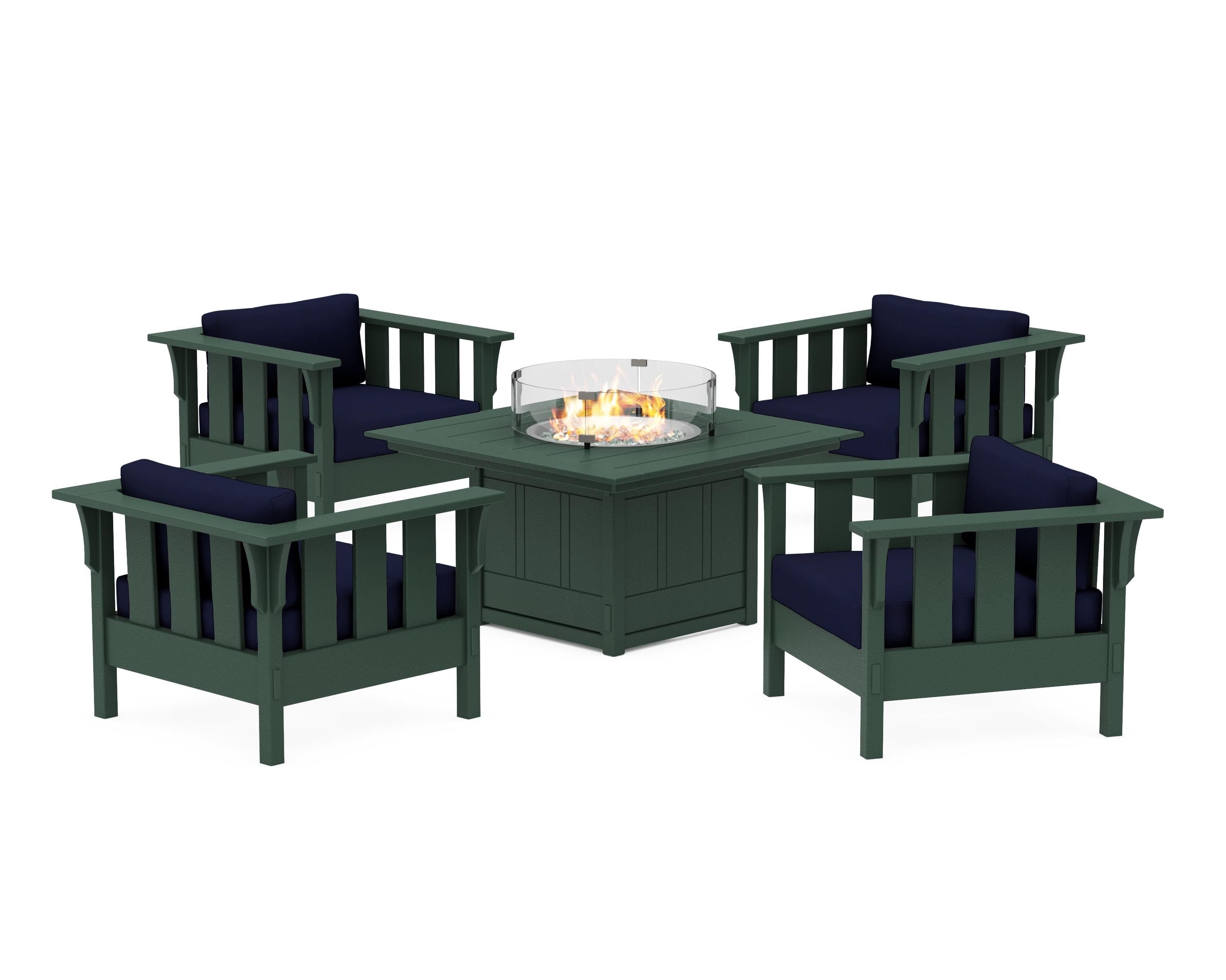Martha Stewart by POLYWOOD® Acadia 5-Piece Deep Seating Set with Fire Pit Table in Green / Navy