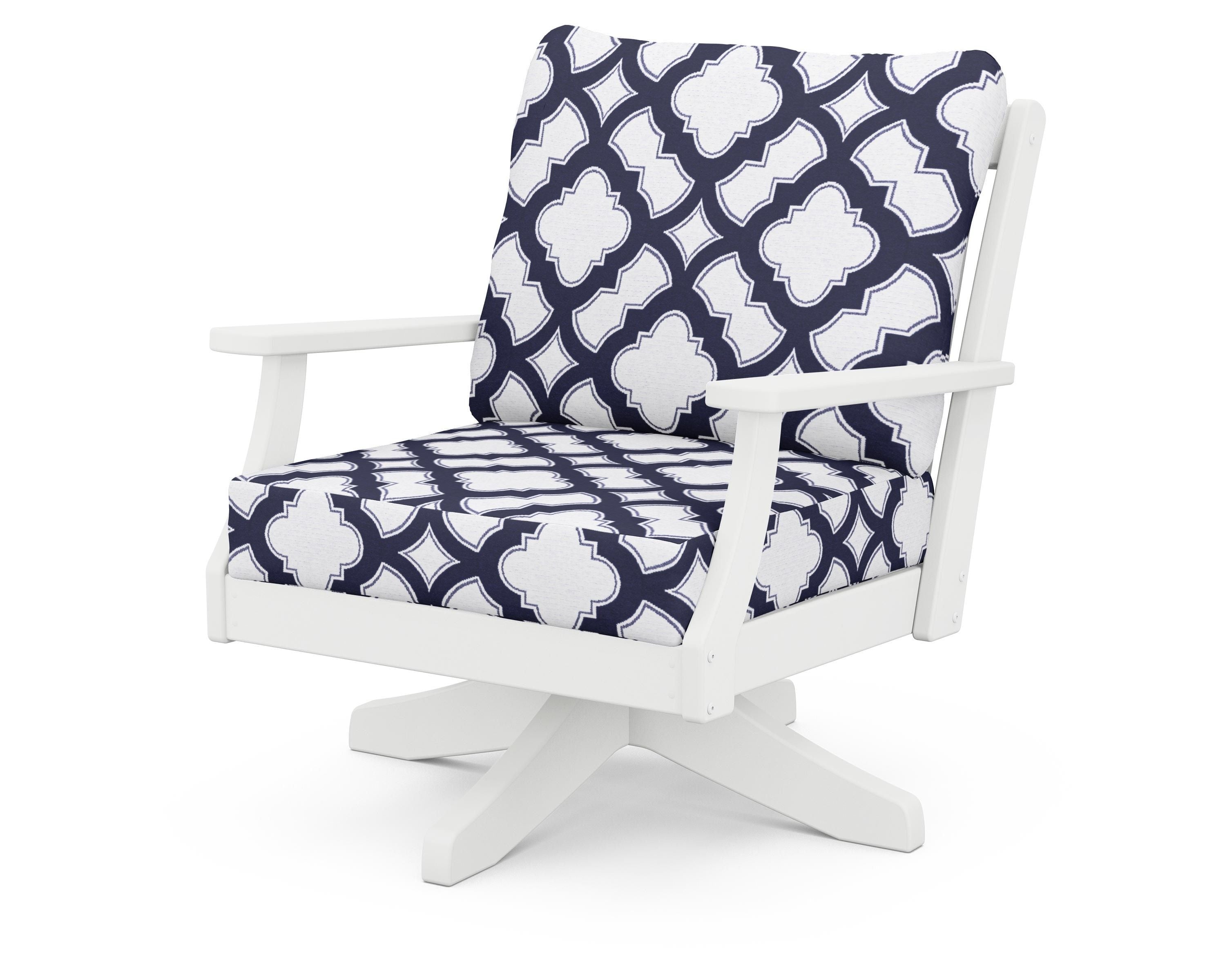 POLYWOOD® Braxton Deep Seating Swivel Chair in White / Trellis Navy