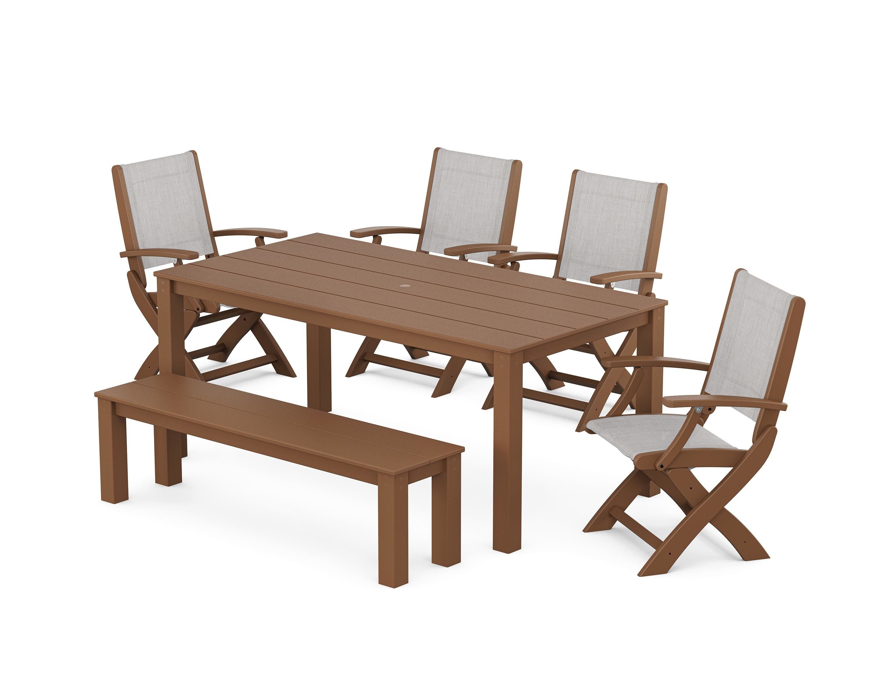 POLYWOOD® Coastal Folding Chair 6-Piece Parsons Dining Set with Bench in Teak / Parchment Sling