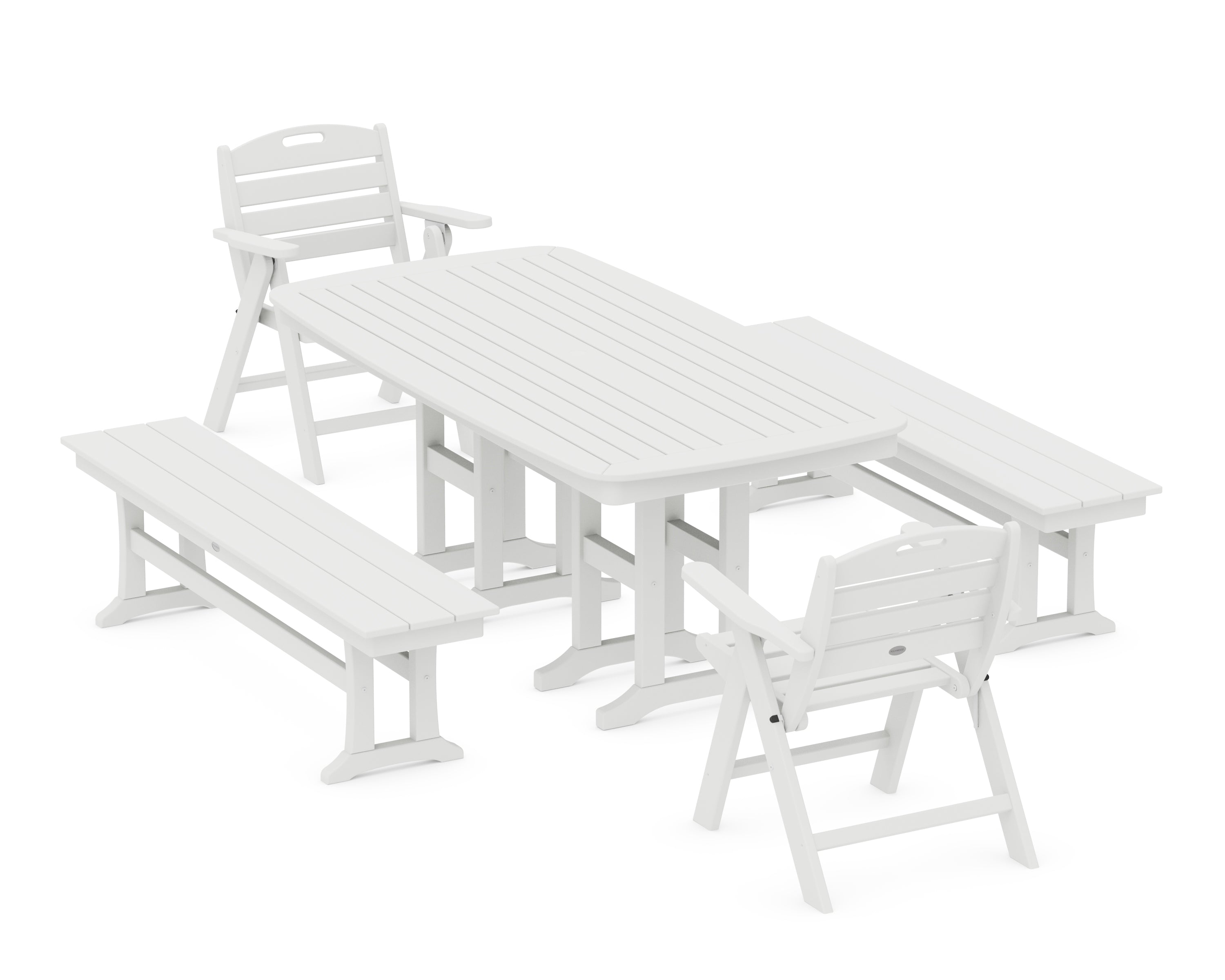 POLYWOOD® Nautical Lowback 5-Piece Dining Set with Benches in White