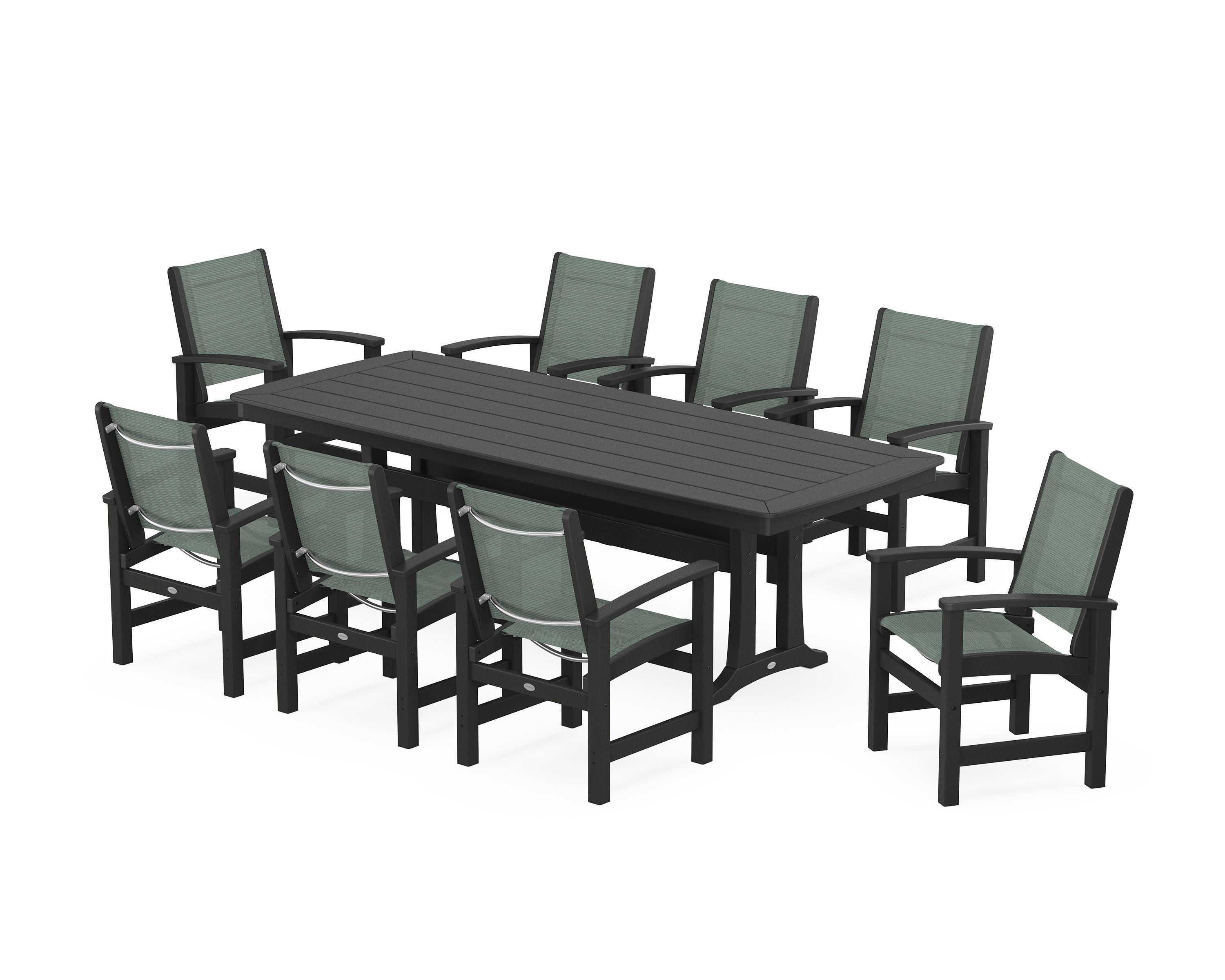 POLYWOOD® Coastal 9-Piece Dining Set with Trestle Legs in Black / Dupioni Sea Mist Sling