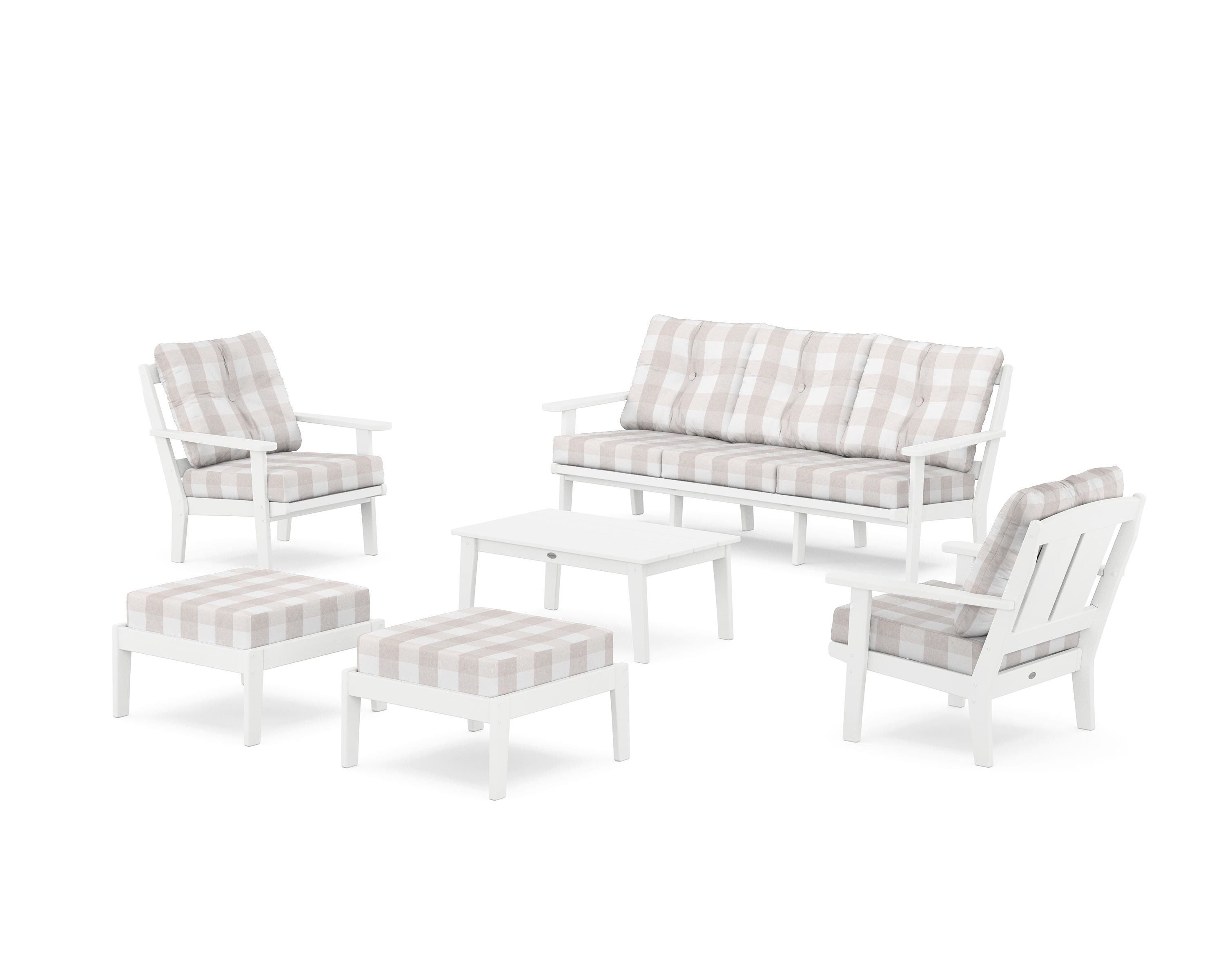 POLYWOOD® Mission 6-Piece Lounge Sofa Set in White / Buffalo Plaid Dune Burlap