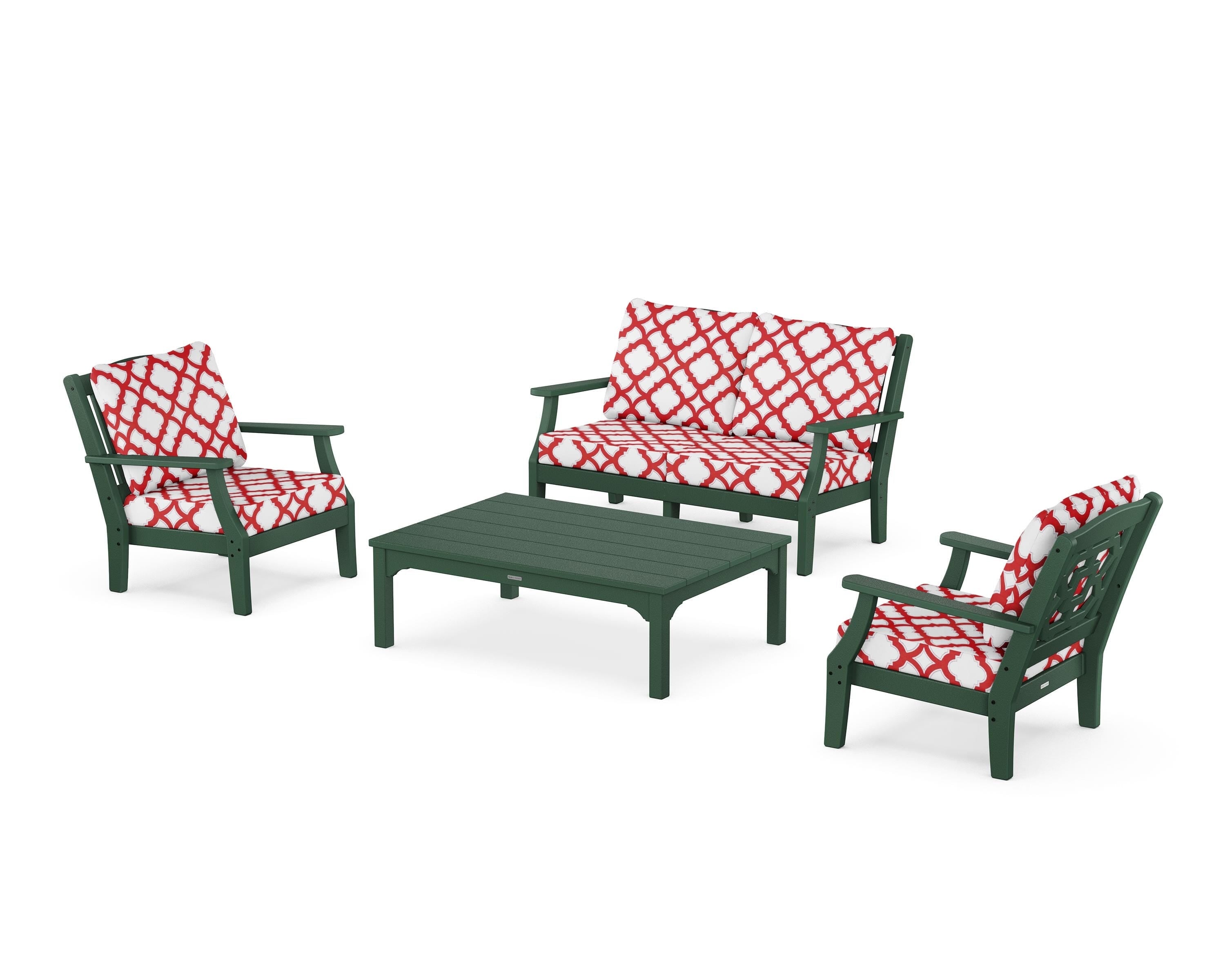 Martha Stewart by POLYWOOD® Chinoiserie 4-Piece Deep Seating Set with Loveseat in Green / Trellis Crimson