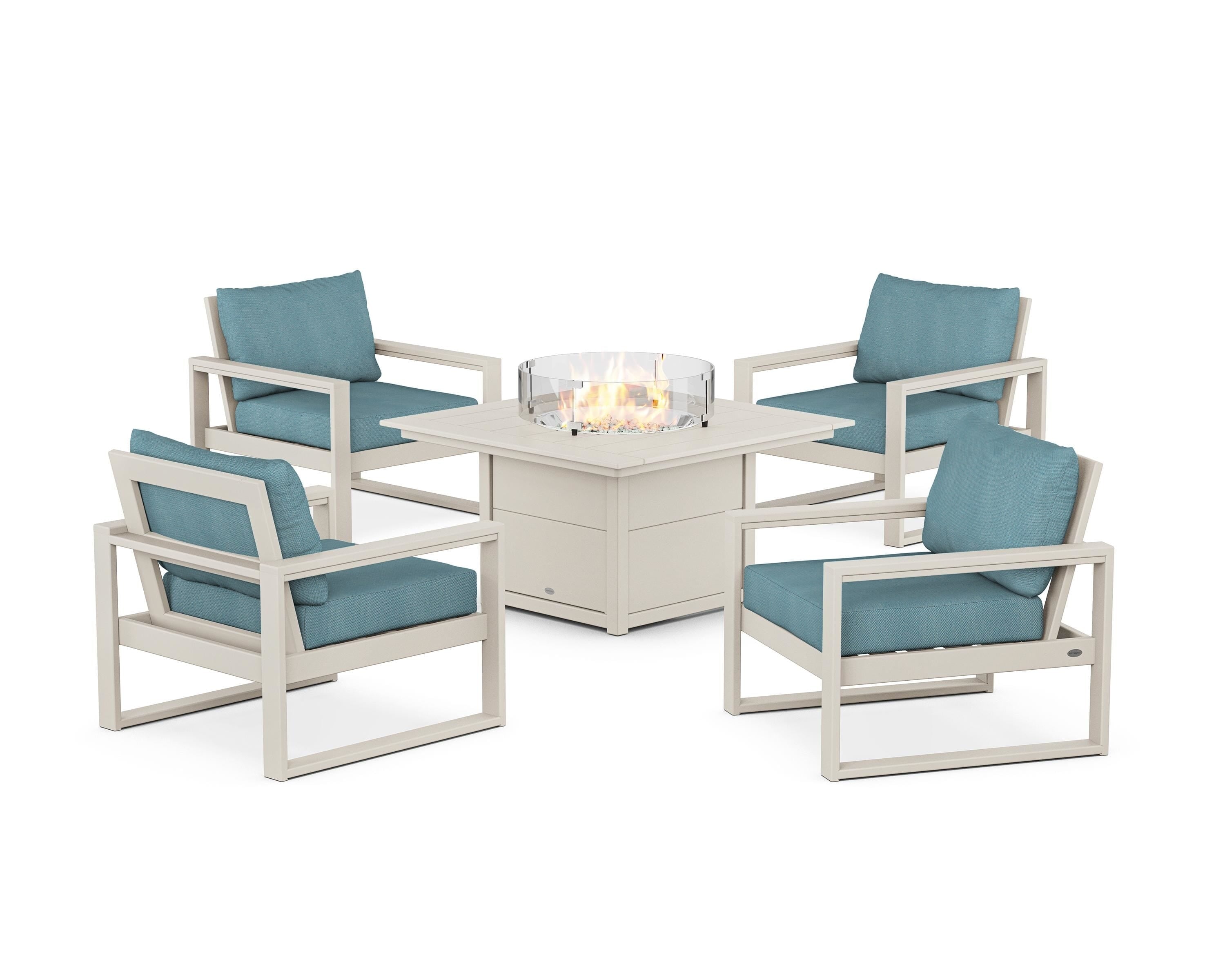 POLYWOOD® EDGE Sectional 5-Piece Deep Seating Set with Fire Pit Table in Sand / Lattice Sky Blue