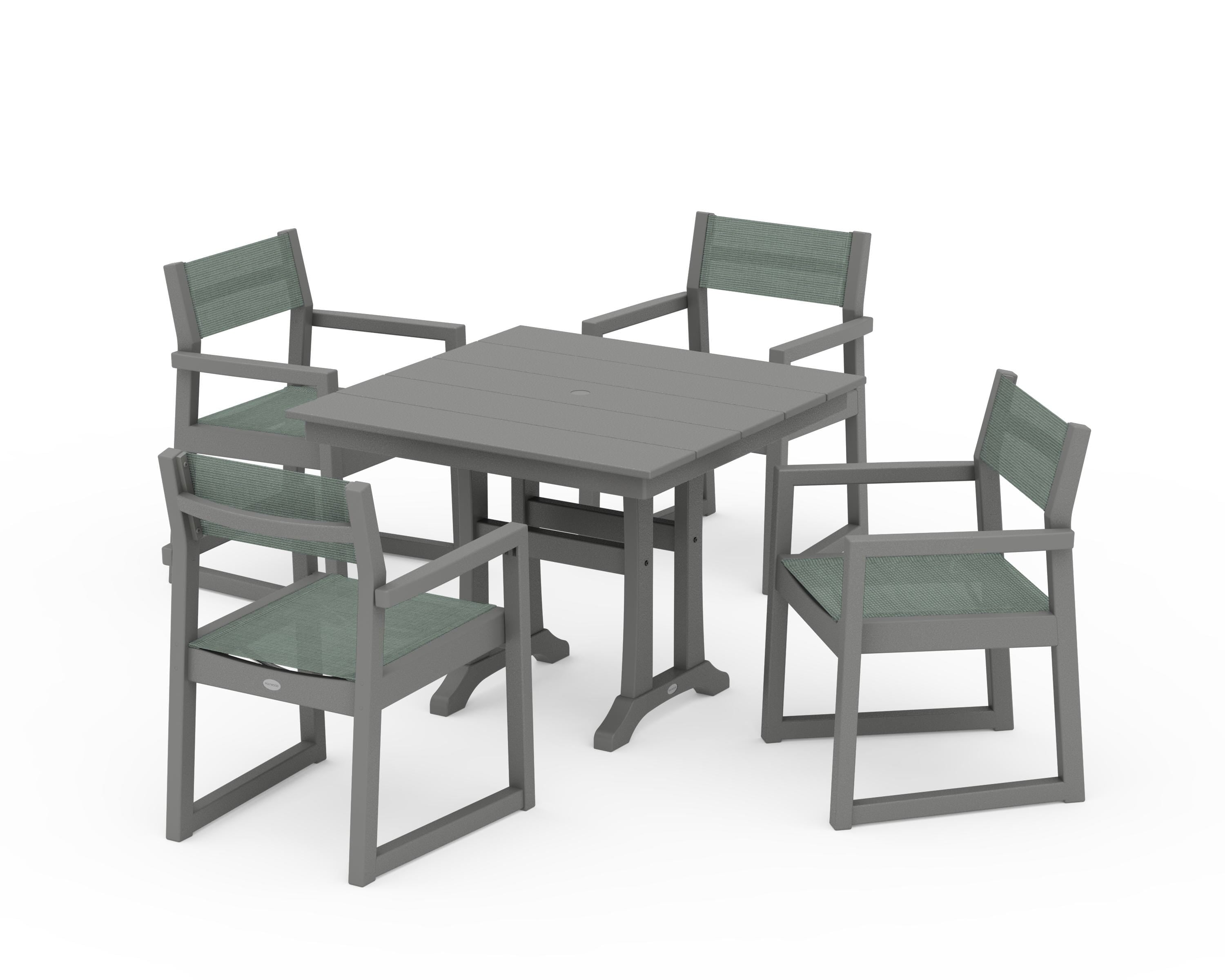 POLYWOOD® EDGE Sling 5-Piece Farmhouse Dining Set with Trestle Legs in Slate Grey / Dupioni Sea Mist Sling
