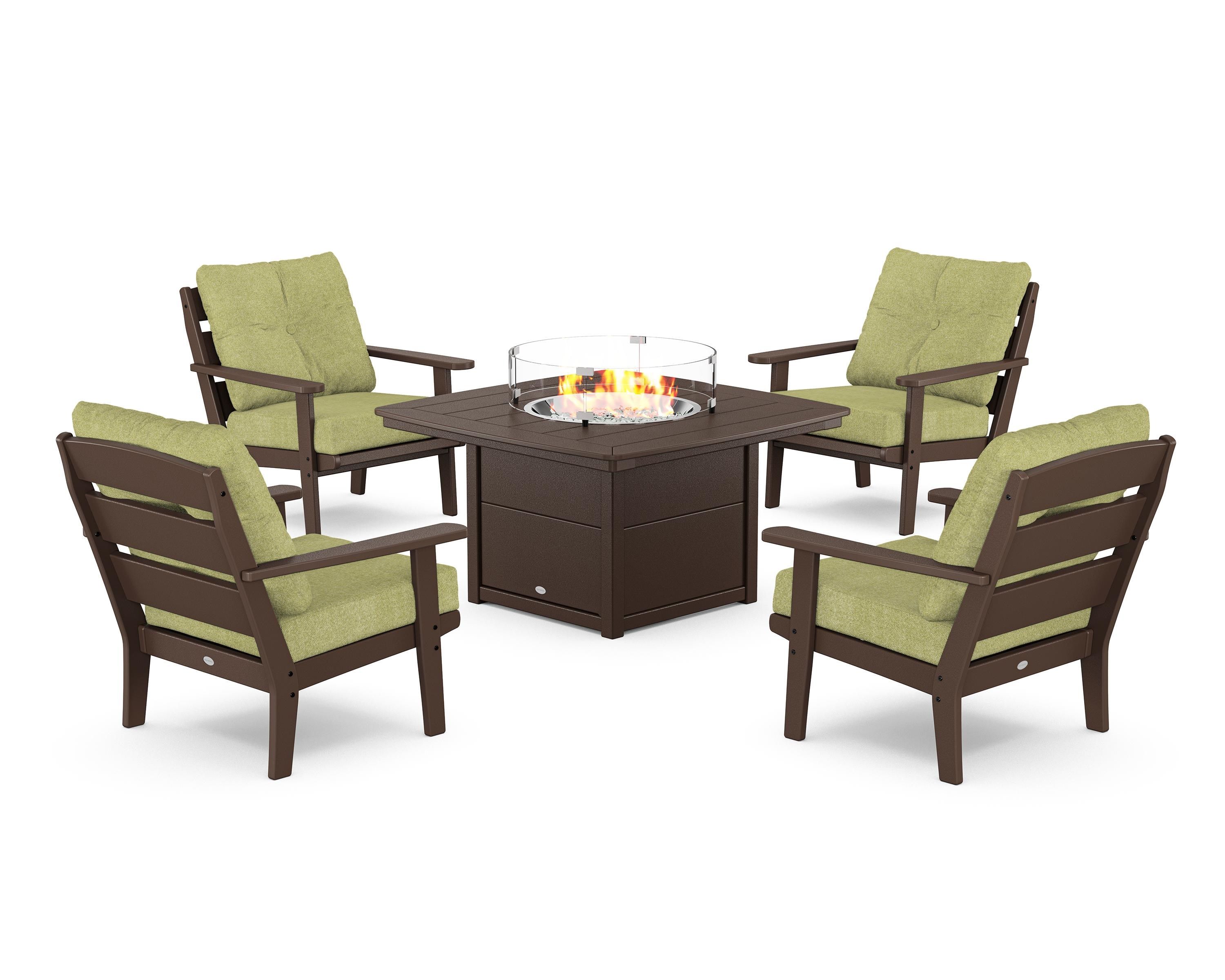 POLYWOOD® Lakeside 5-Piece Deep Seating Set with Nautical Fire Pit Table in Mahogany / Chartreuse Boucle