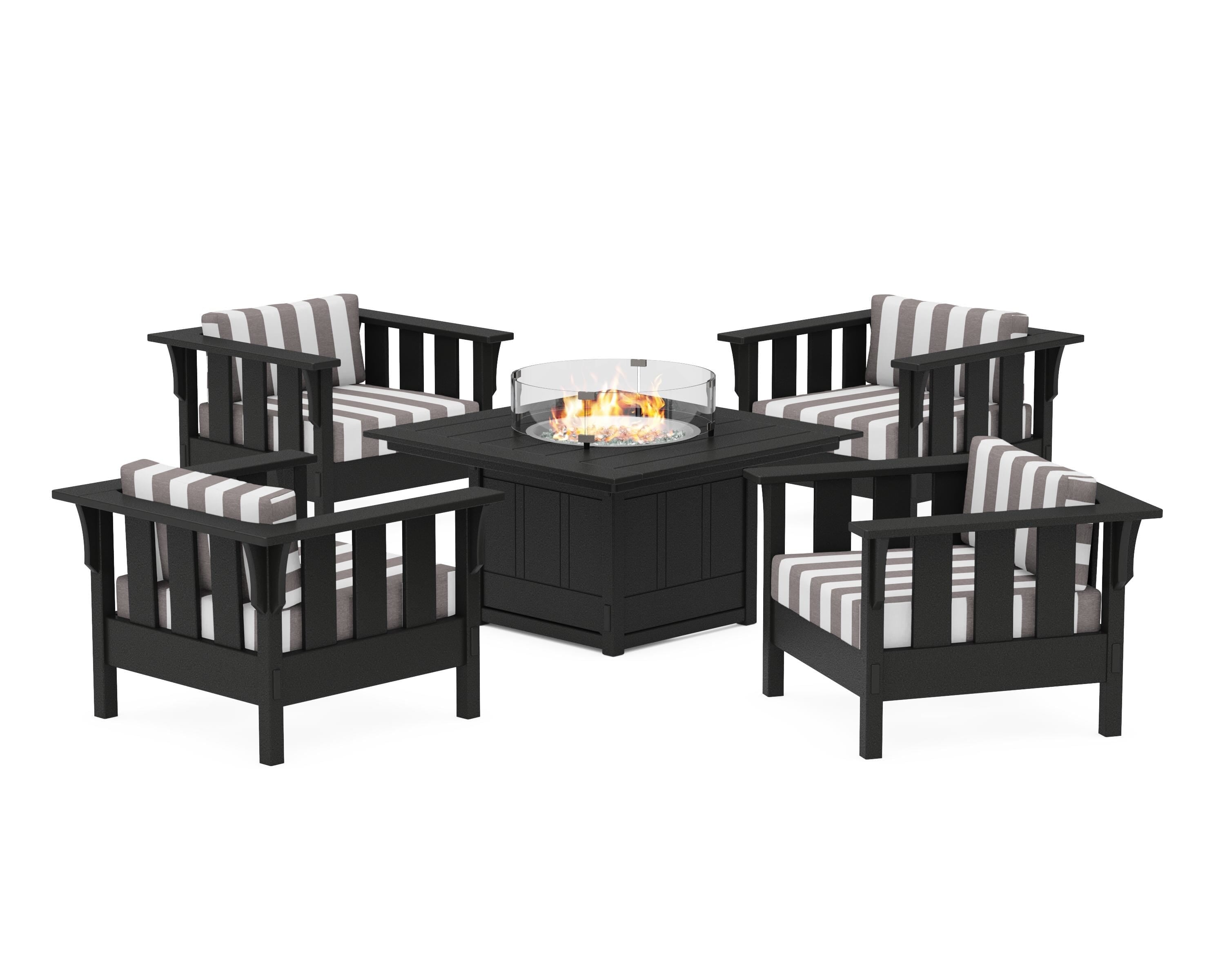 Martha Stewart by POLYWOOD® Acadia 5-Piece Deep Seating Set with Fire Pit Table in Black / Cabana Stripe Grey Mist