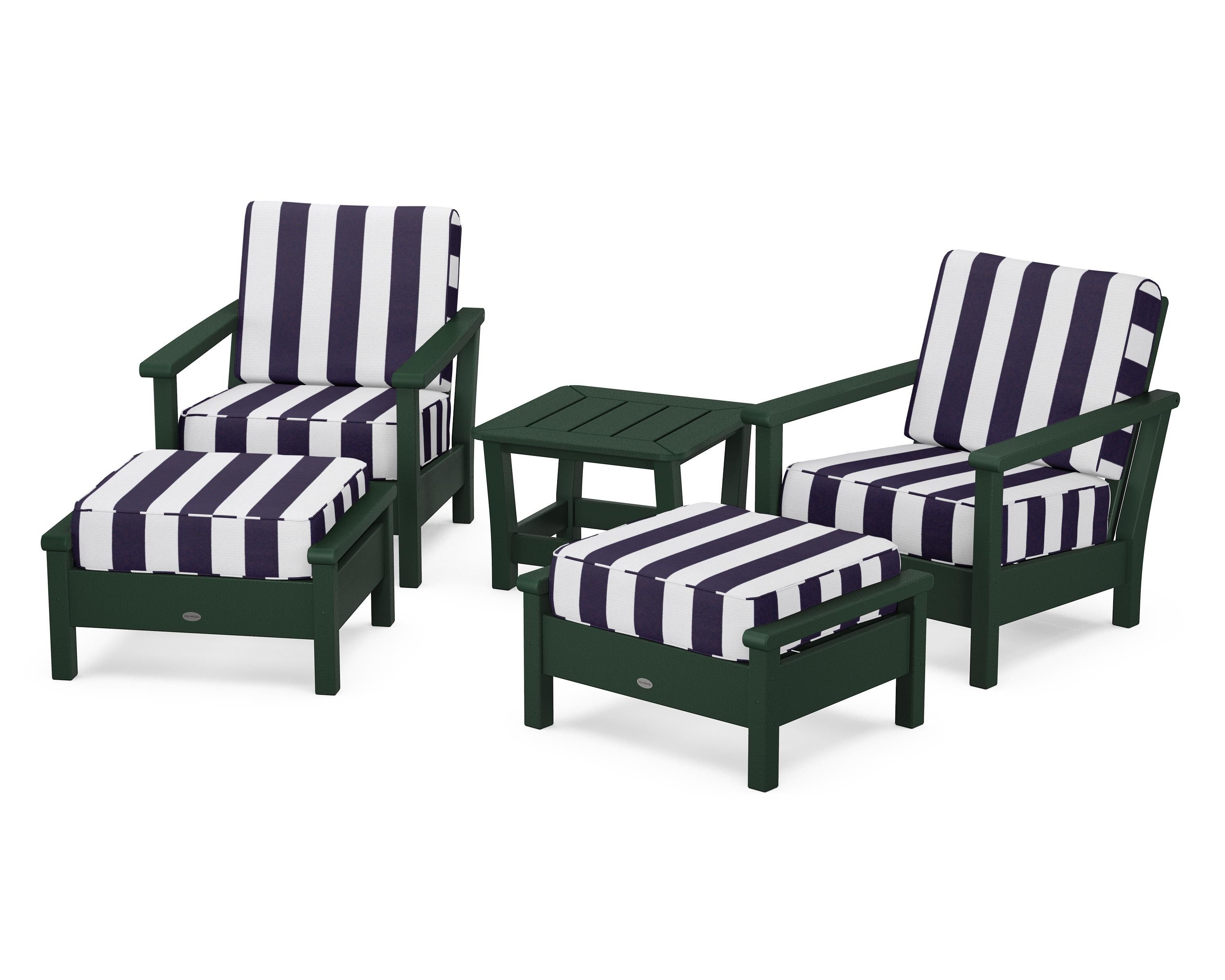 POLYWOOD® Harbour 5-Piece Deep Seating Chair Set in Green / Cabana Stripe Navy