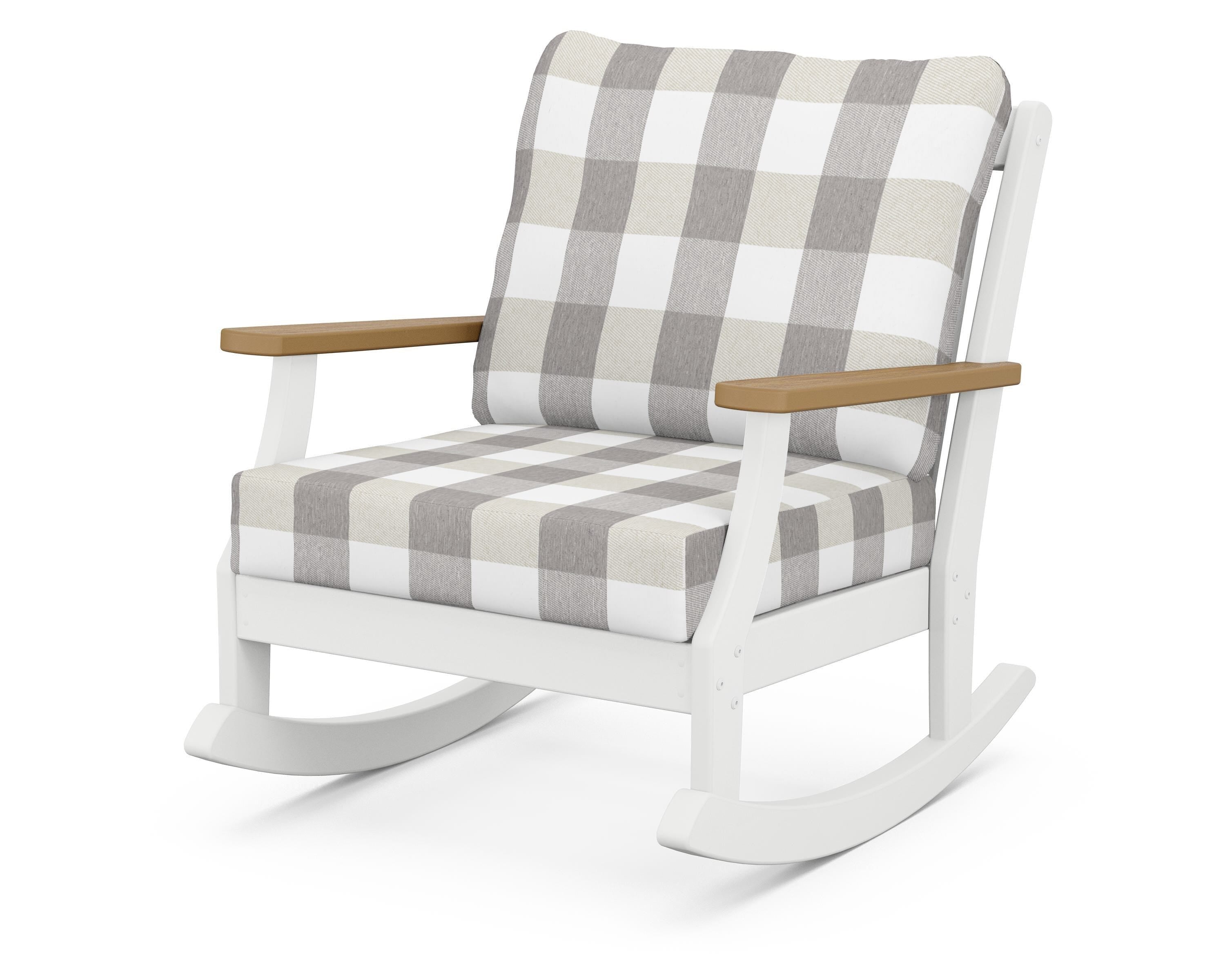 POLYWOOD® Braxton Deep Seating Rocking Chair in White / Natural / Buffalo Plaid Grey Mist
