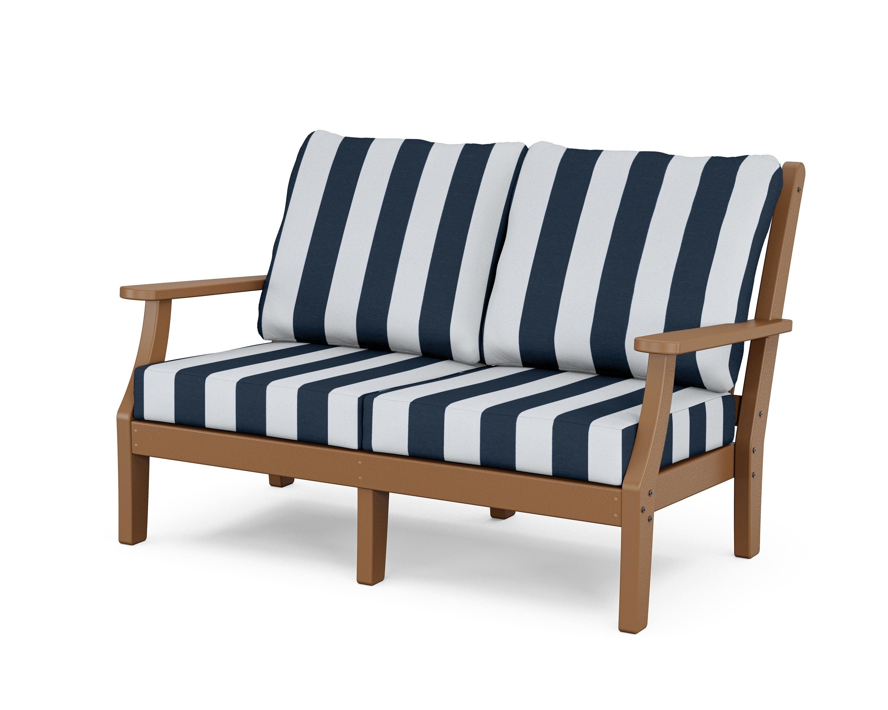 Country Living Wovendale Deep Seating Loveseat in Teak / Cabana Stripe Marine Indigo