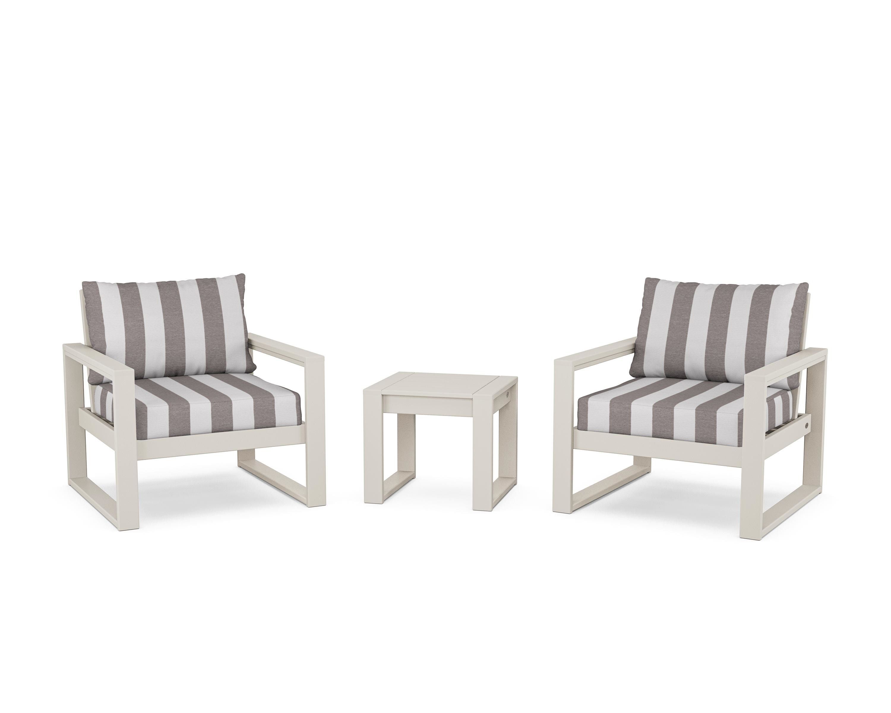POLYWOOD® EDGE Sectional 3-Piece Deep Seating Set in Sand / Cabana Stripe Grey Mist