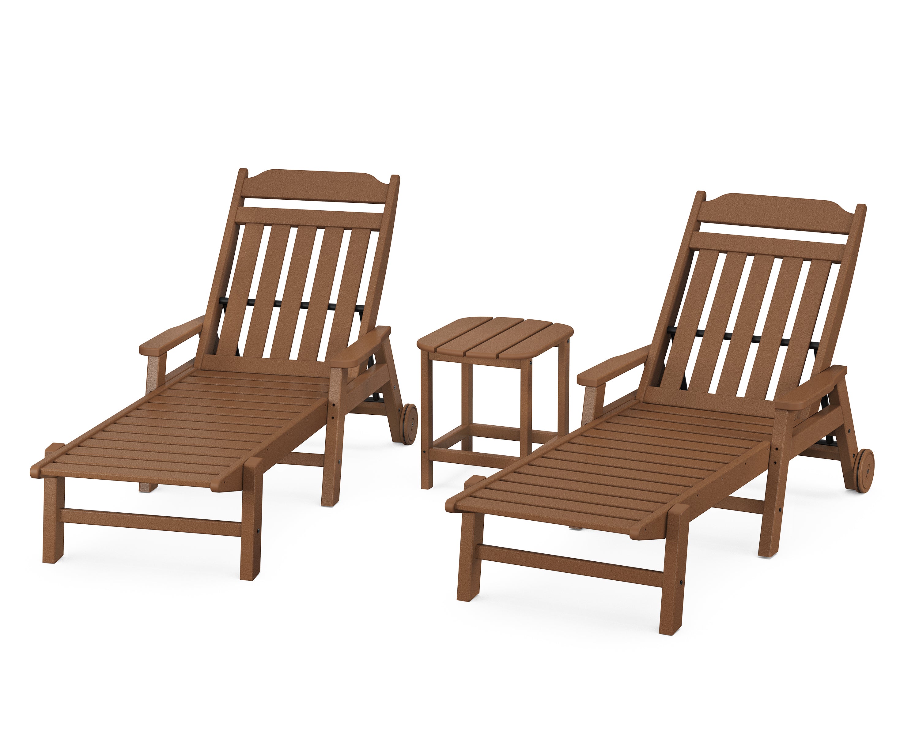 Country Living Cottage 3-Piece Chaise Set with Arms and Wheels in Teak