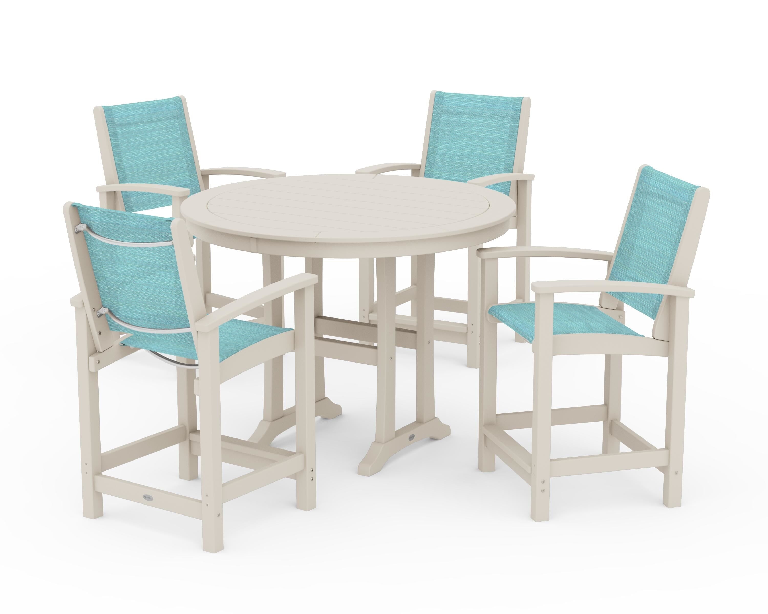 POLYWOOD® Coastal 5-Piece Counter Set in Sand / Dupioni Aquamarine Sling