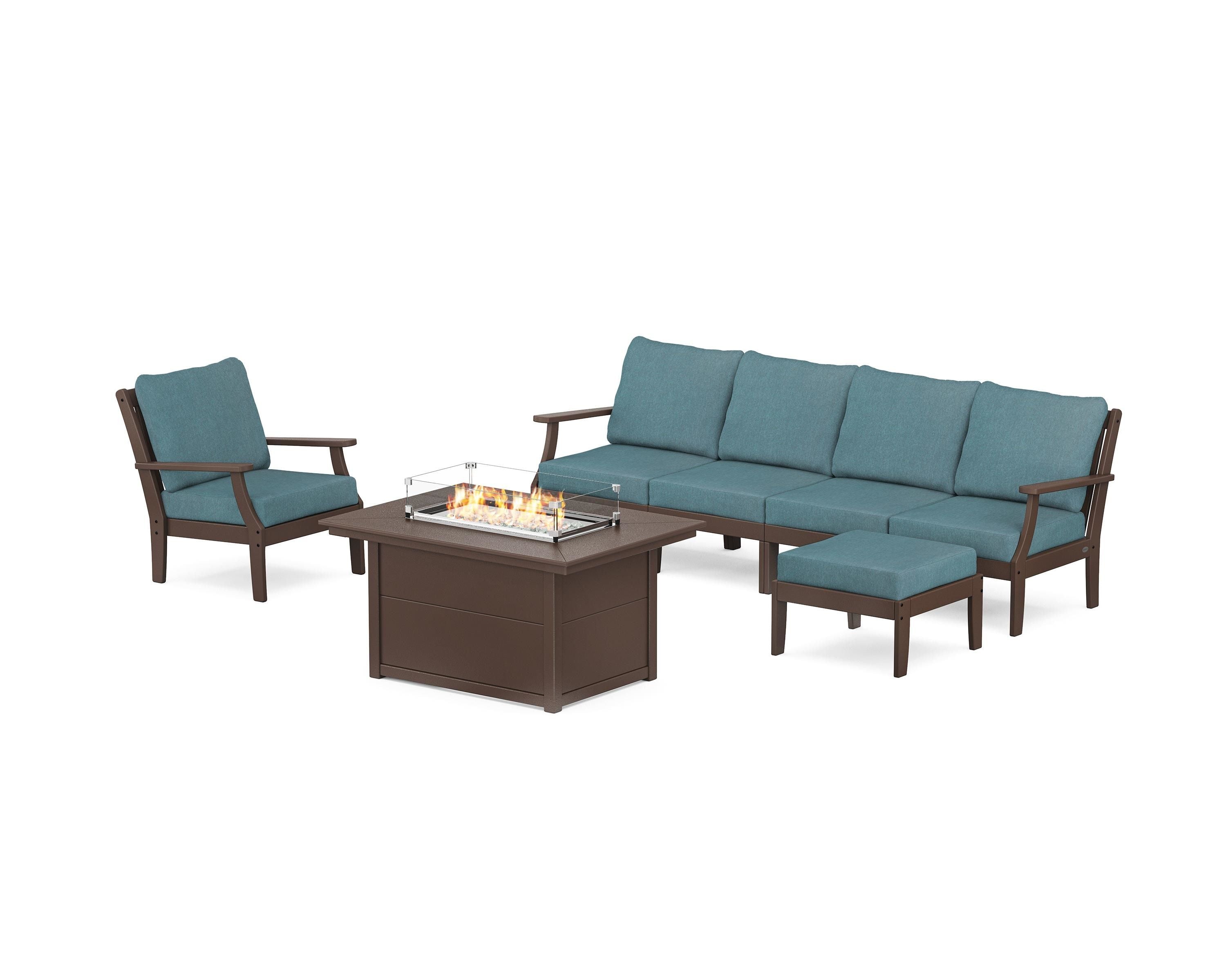 POLYWOOD® Braxton Sectional Lounge and Fire Pit Set in Mahogany / Ocean Teal