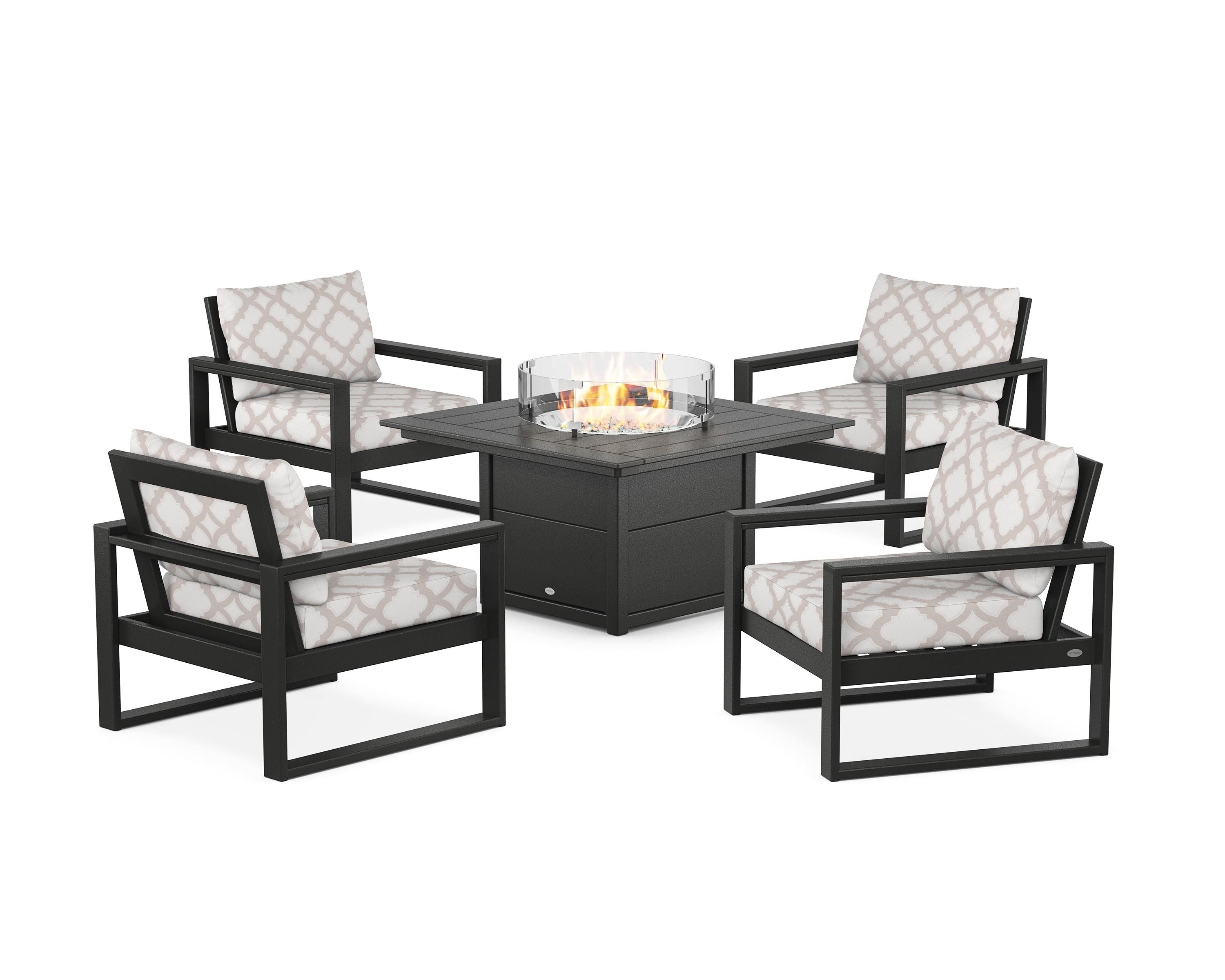 POLYWOOD® EDGE Sectional 5-Piece Deep Seating Set with Fire Pit Table in Black / Trellis Dune Burlap