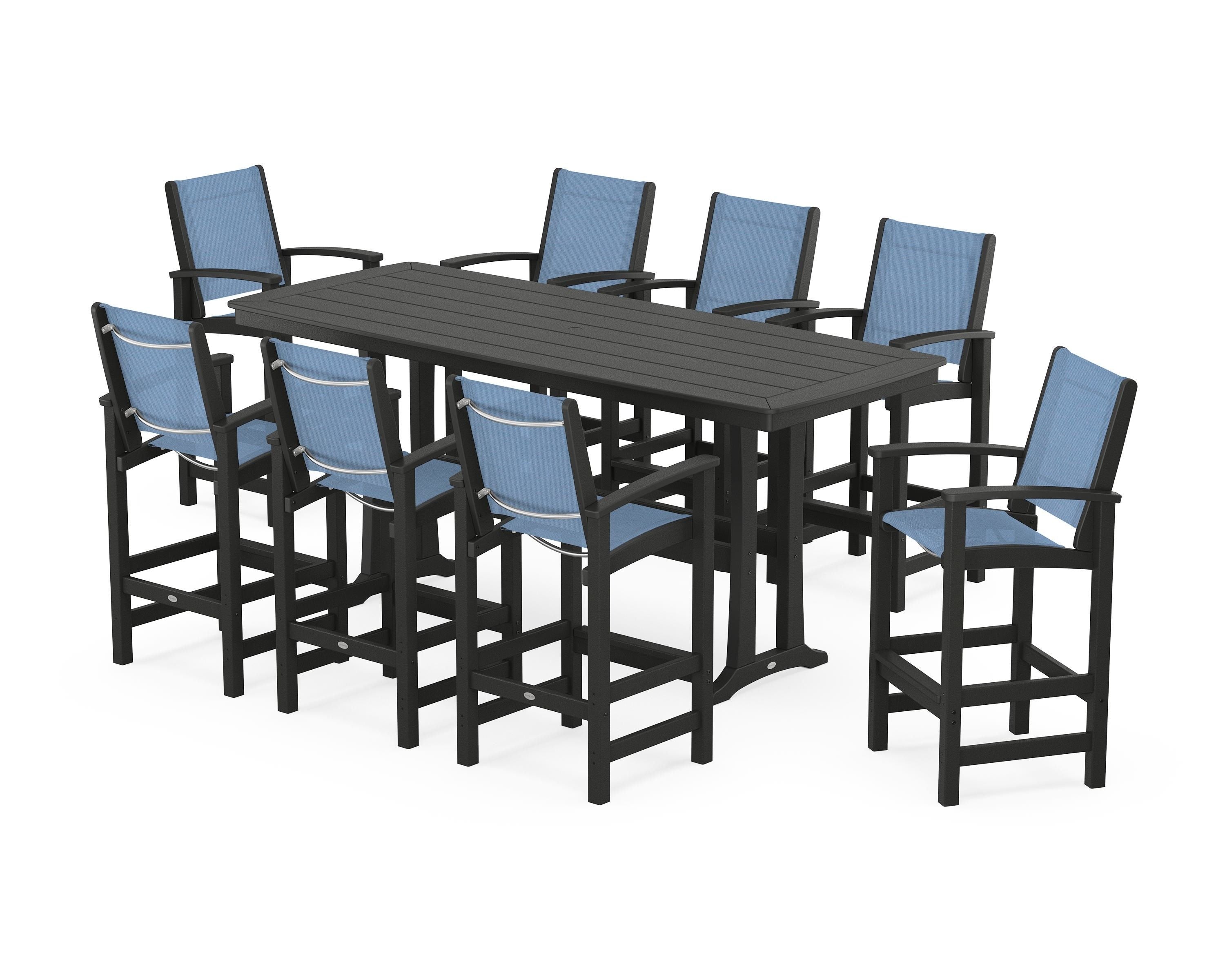 POLYWOOD® Coastal 9-Piece Bar Set with Trestle Legs in Black / Poolside Sling