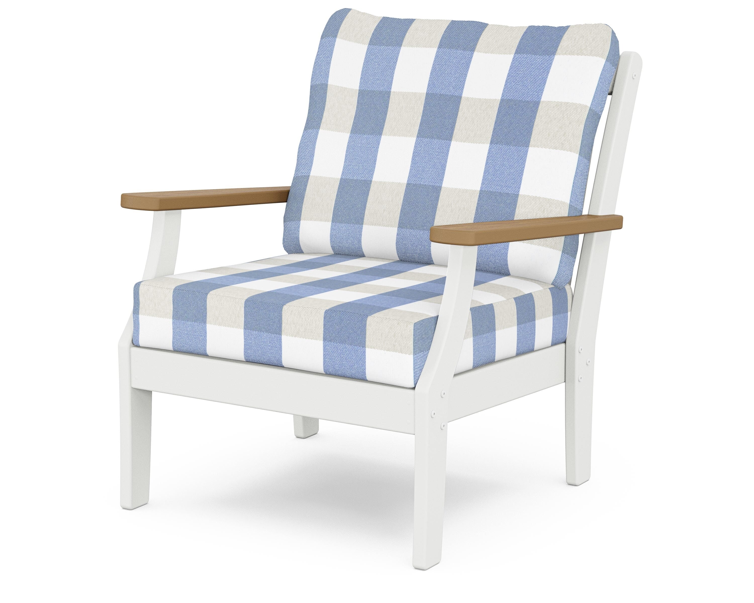 POLYWOOD® Braxton Deep Seating Chair in White / Natural / Buffalo Plaid Sky Blue
