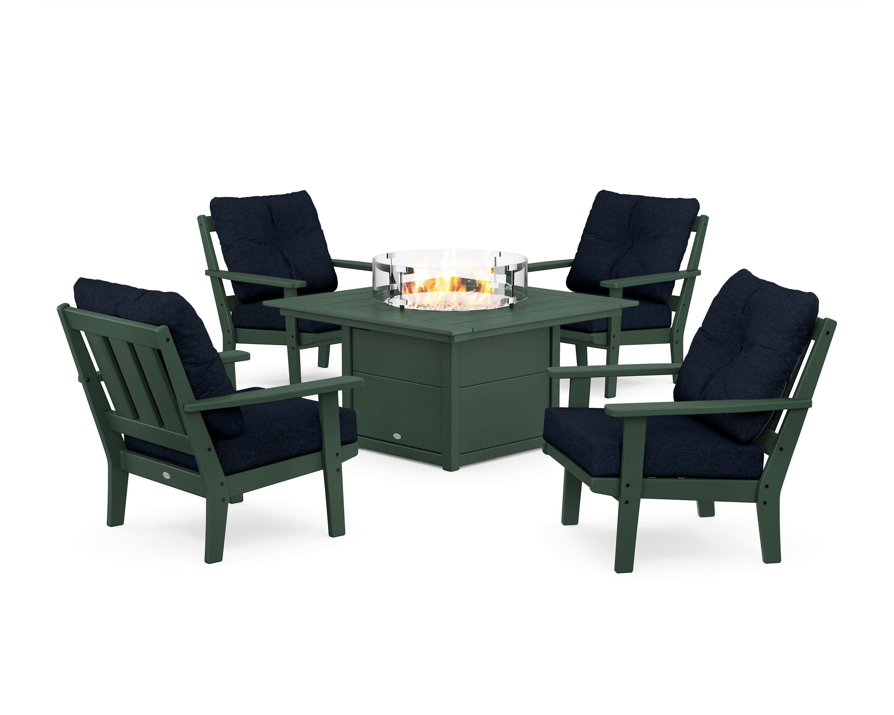 POLYWOOD® Oxford 5-Piece Deep Seating Set with Fire Pit Table in Green / Marine Indigo