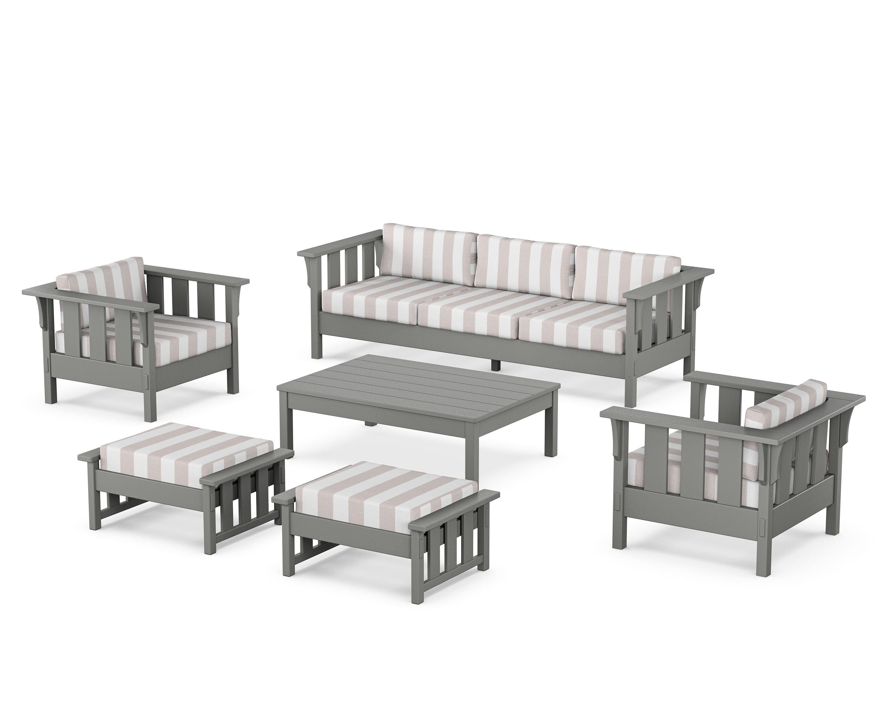 Martha Stewart by POLYWOOD® Acadia 6-Piece Lounge Sofa Set in Slate Grey / Cabana Stripe Dune Burlap