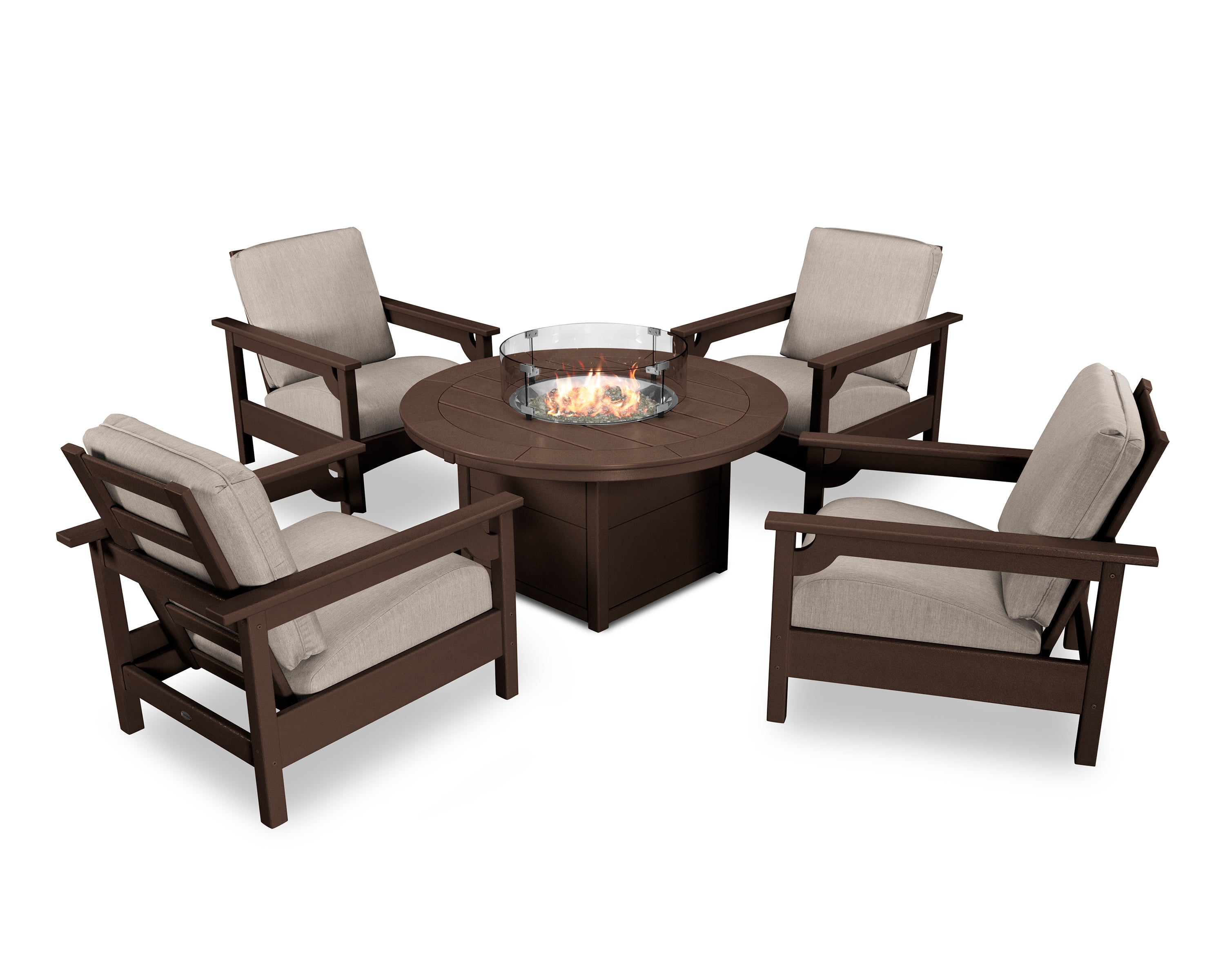 POLYWOOD® Club 5-Piece Conversation Set with Fire Pit Table in Mahogany / Cast Ash