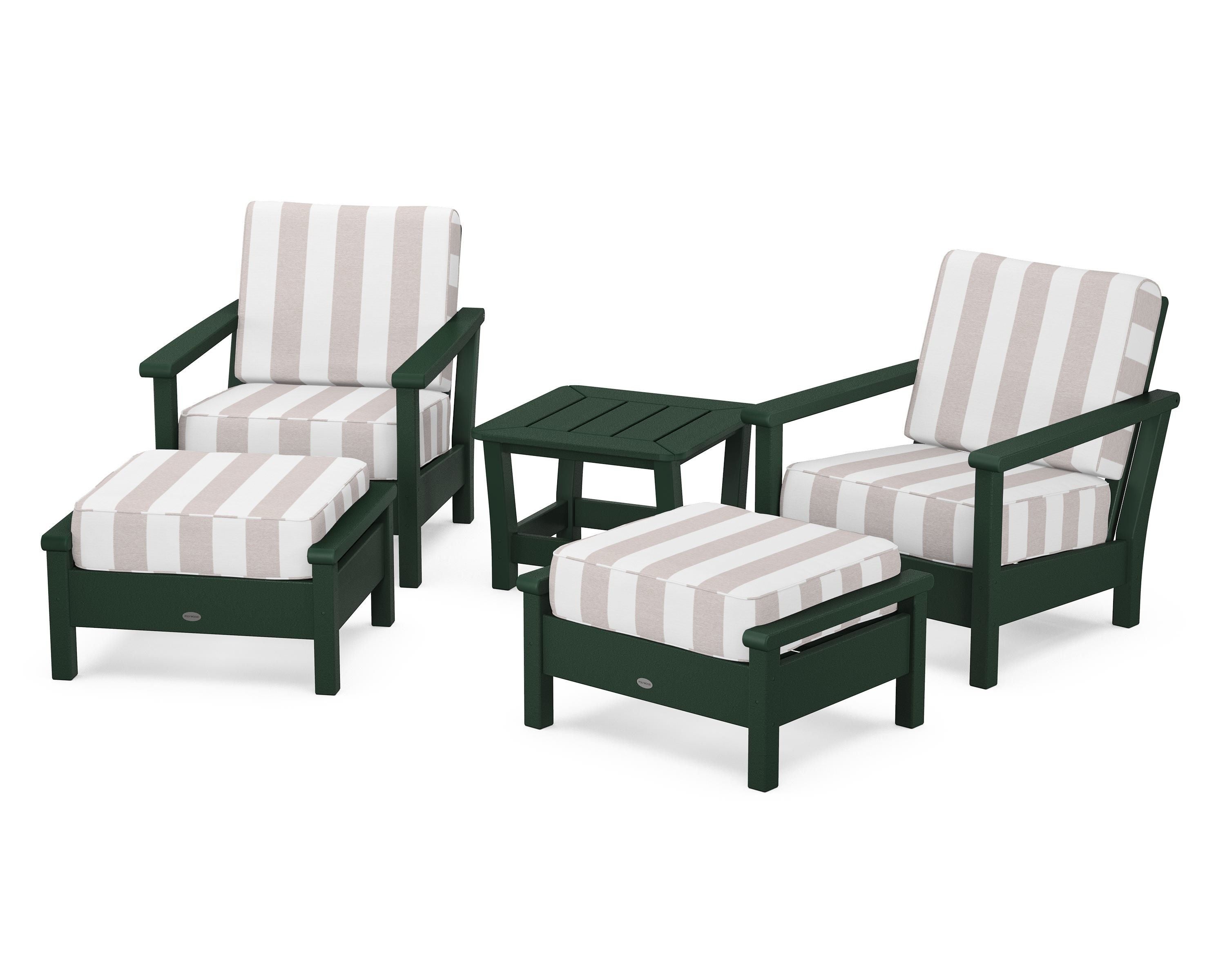 POLYWOOD® Harbour 5-Piece Deep Seating Chair Set in Green / Cabana Stripe Dune Burlap