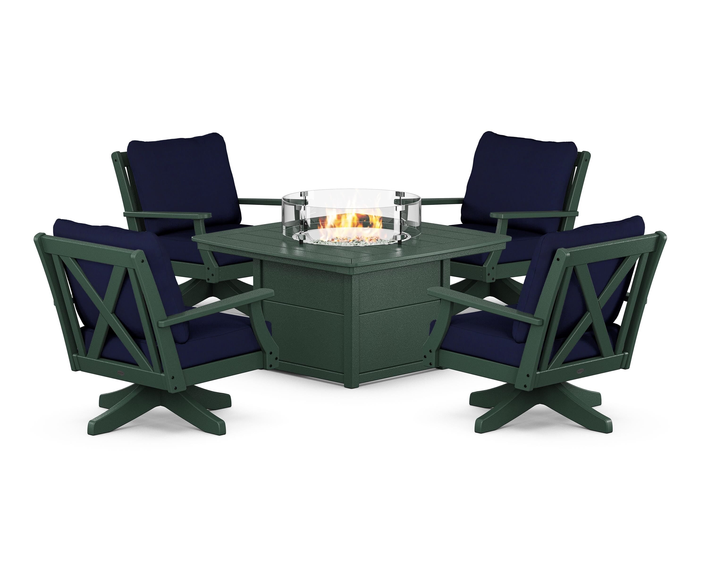 POLYWOOD® Braxton 5-Piece Deep Seating Swivel Conversation Set with Fire Pit Table in Green / Navy