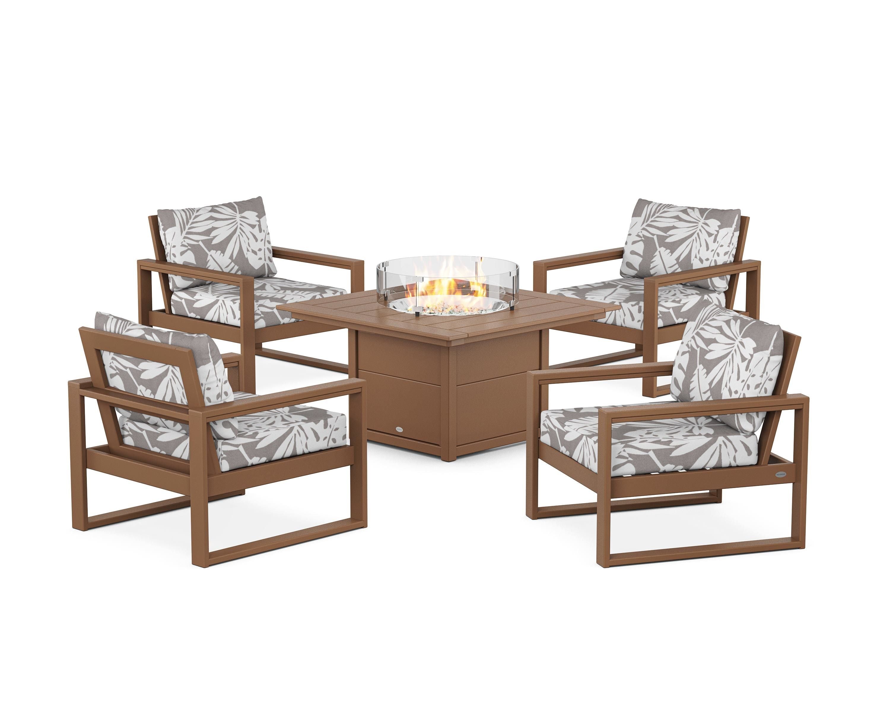POLYWOOD® EDGE Sectional 5-Piece Deep Seating Set with Fire Pit Table in Teak / Leaf Grey Mist
