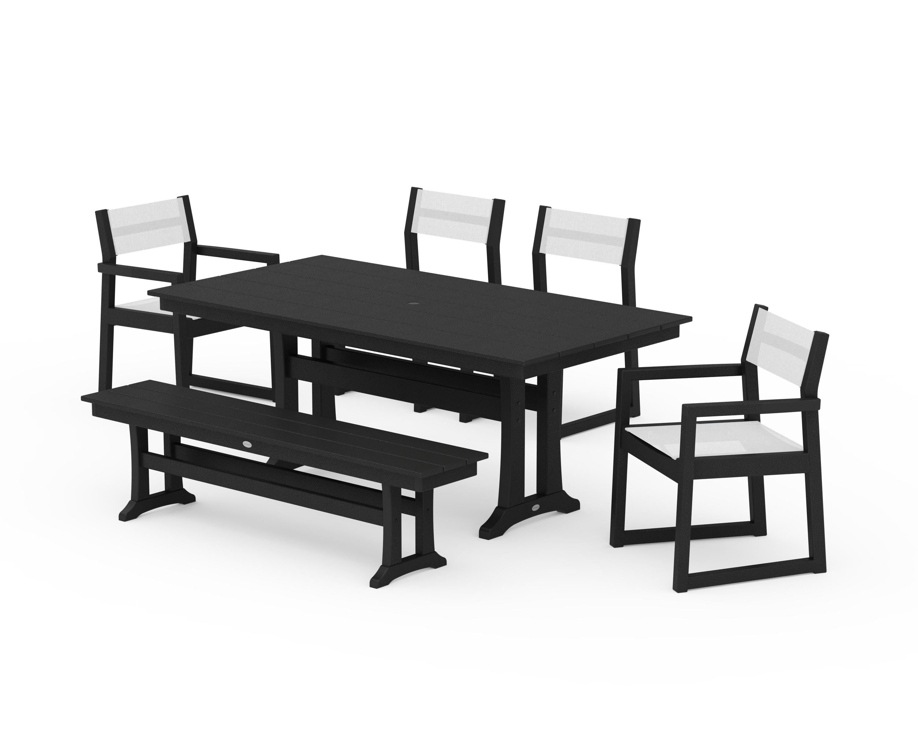 POLYWOOD® EDGE Sling 6-Piece Farmhouse Dining Set With Trestle Legs in Black / White Sling