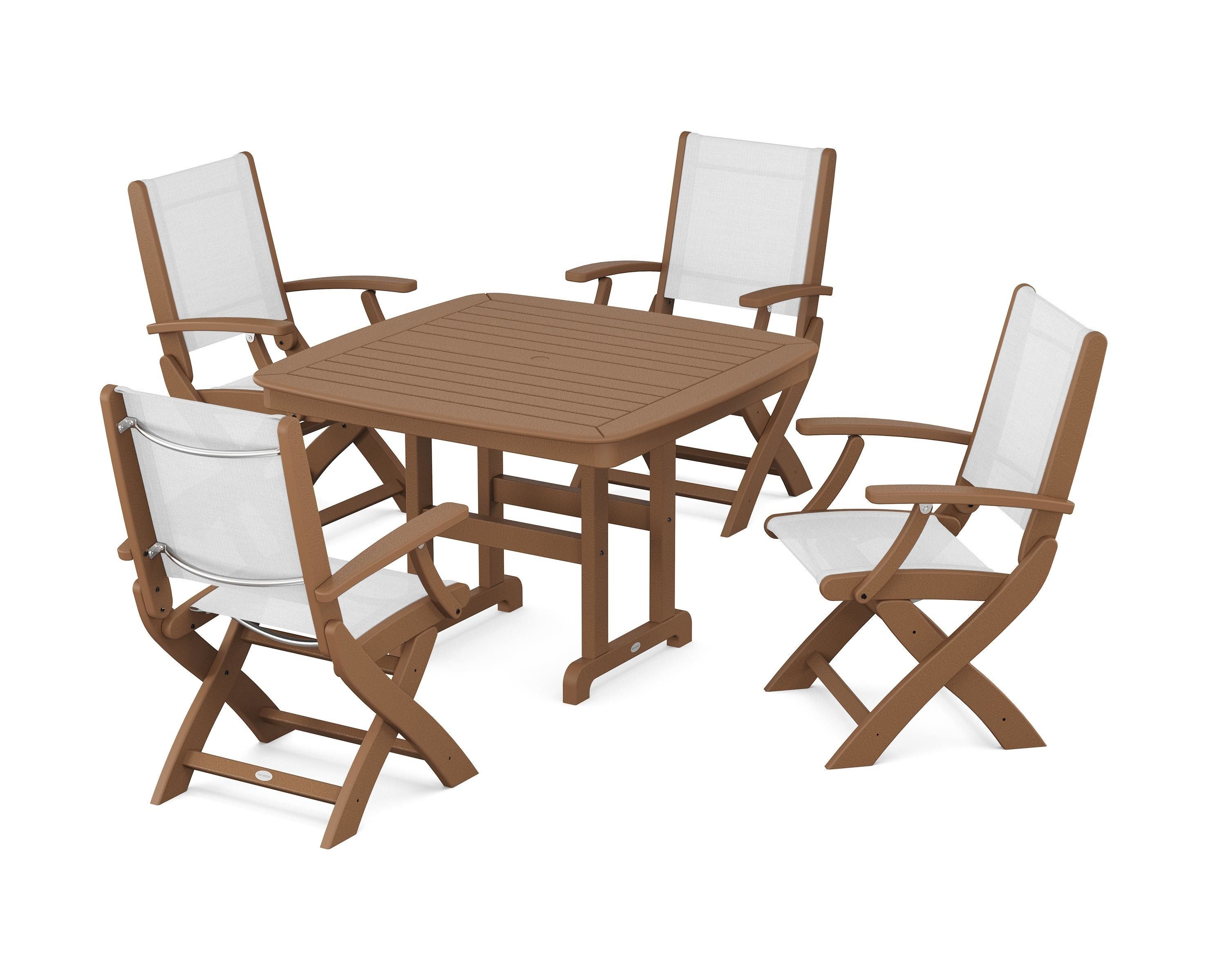 POLYWOOD® Coastal Folding Chair 5-Piece Dining Set in Teak / White Sling