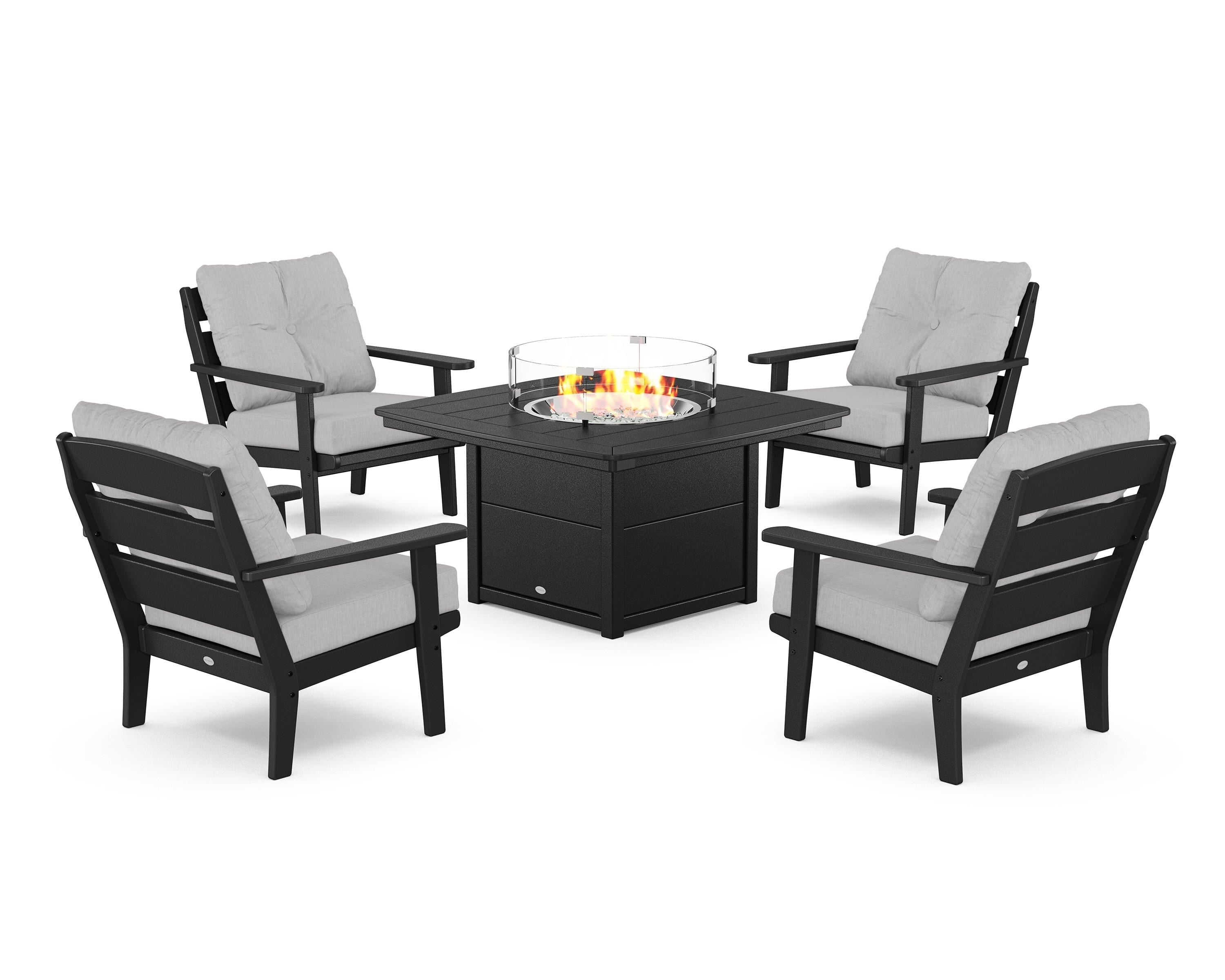 POLYWOOD® Lakeside 5-Piece Deep Seating Set with Nautical Fire Pit Table in Black / Granite