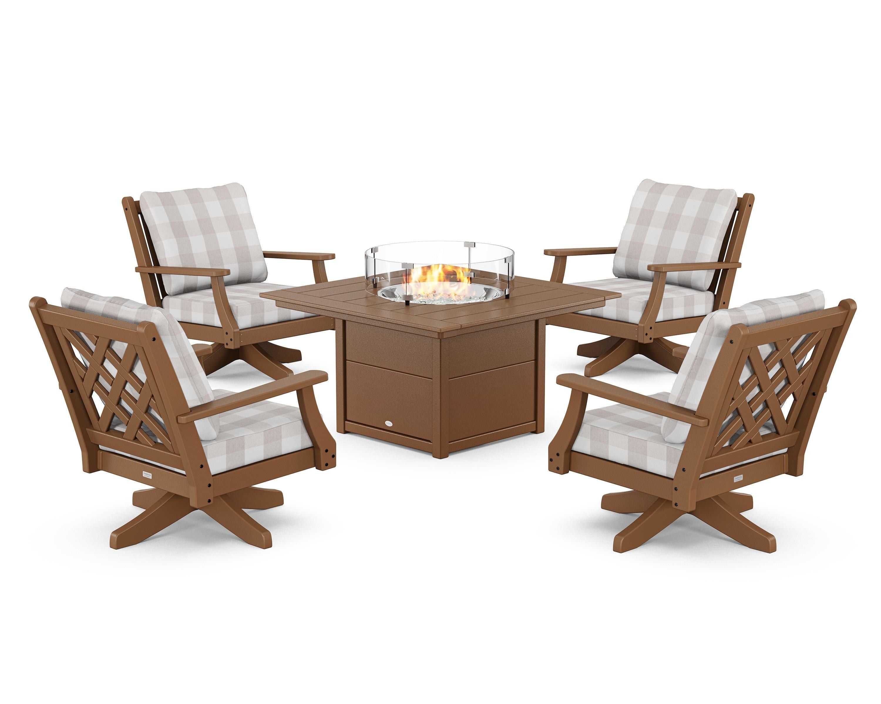Country Living Wovendale 5-Piece Deep Seating Swivel Conversation Set with Fire Pit Table in Teak / Buffalo Plaid Dune Burlap