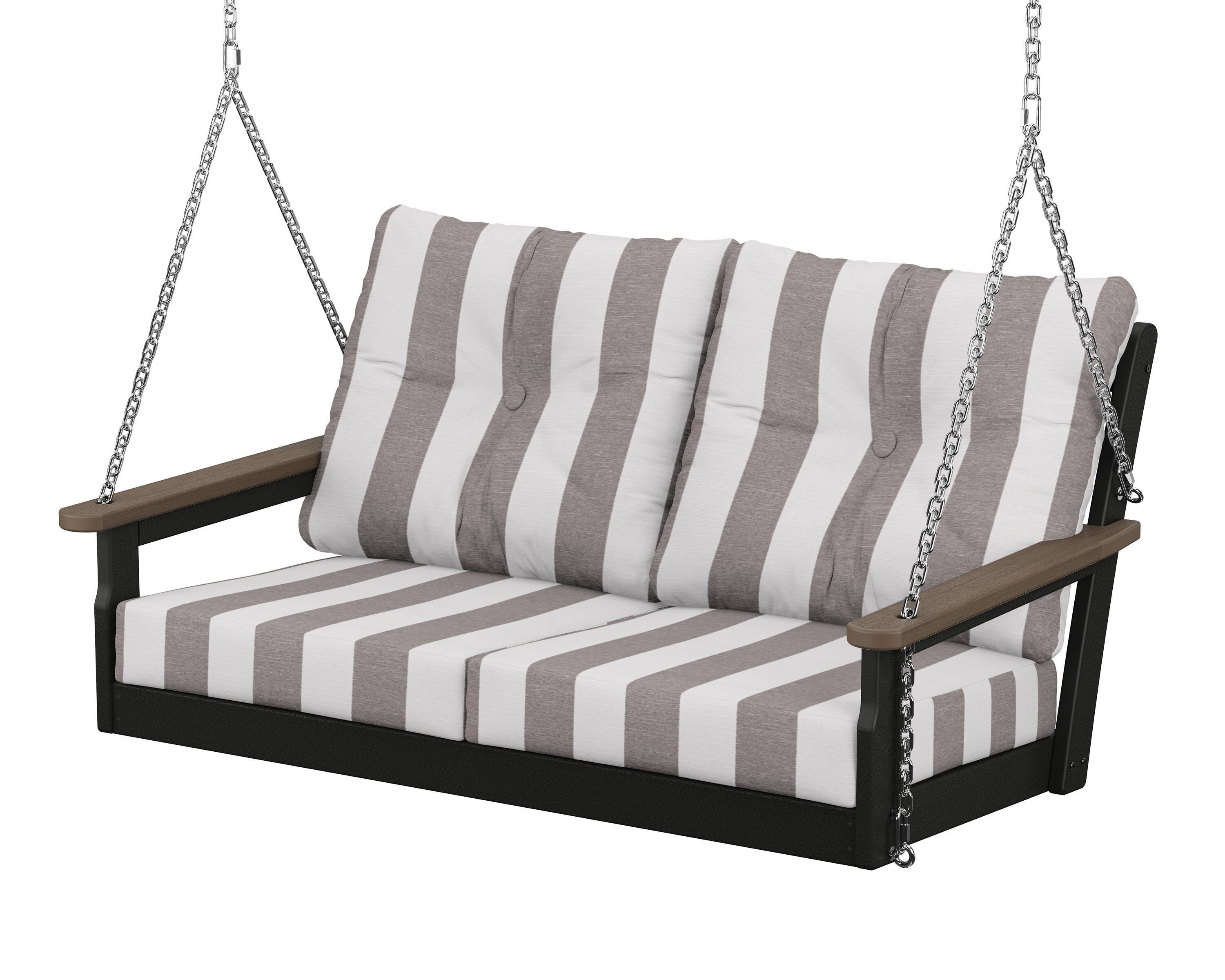 POLYWOOD® Vineyard Deep Seating Swing in Black / Kona / Cabana Stripe Grey Mist