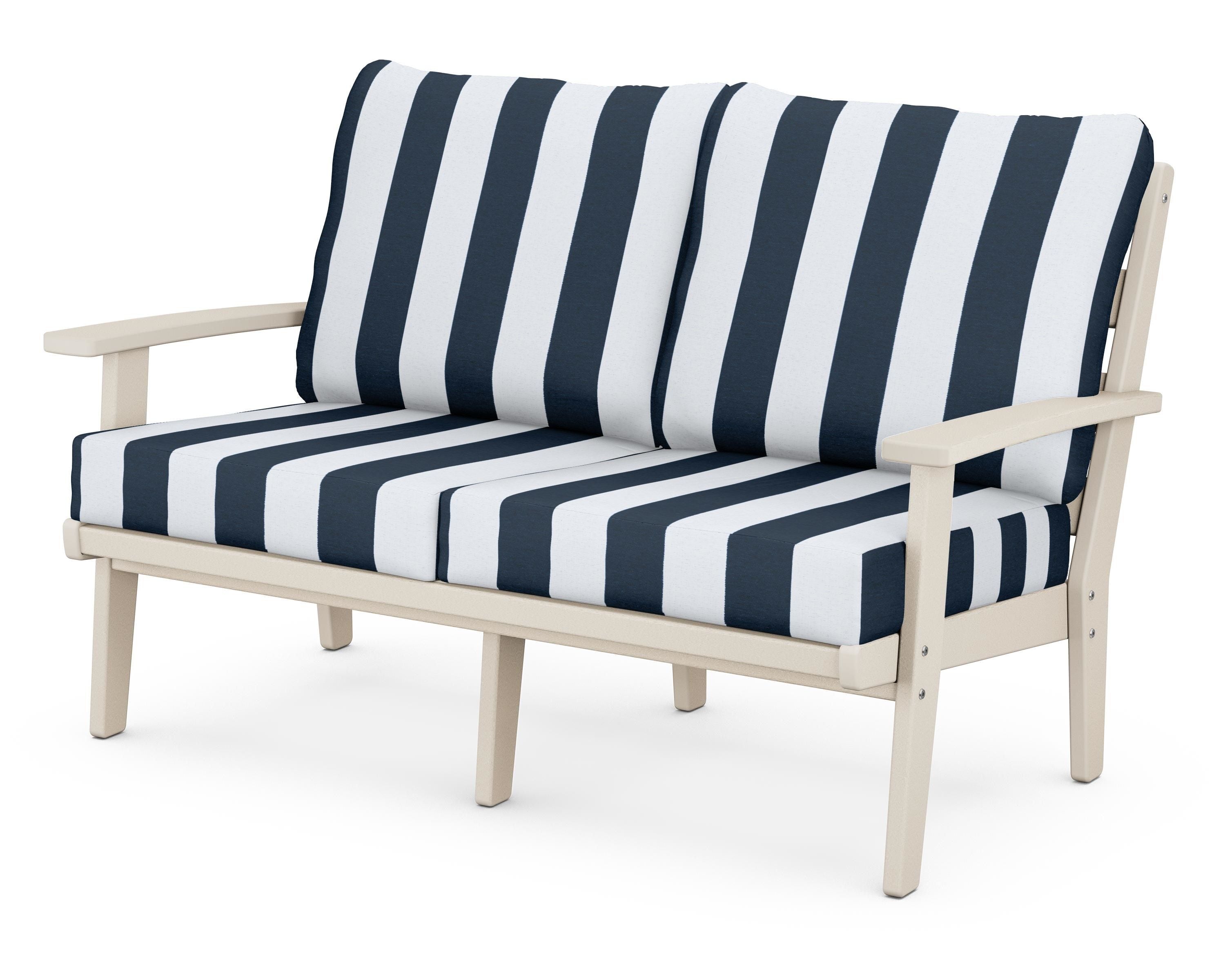 POLYWOOD® Grant Park Deep Seating Loveseat in Sand / Cabana Stripe Marine Indigo